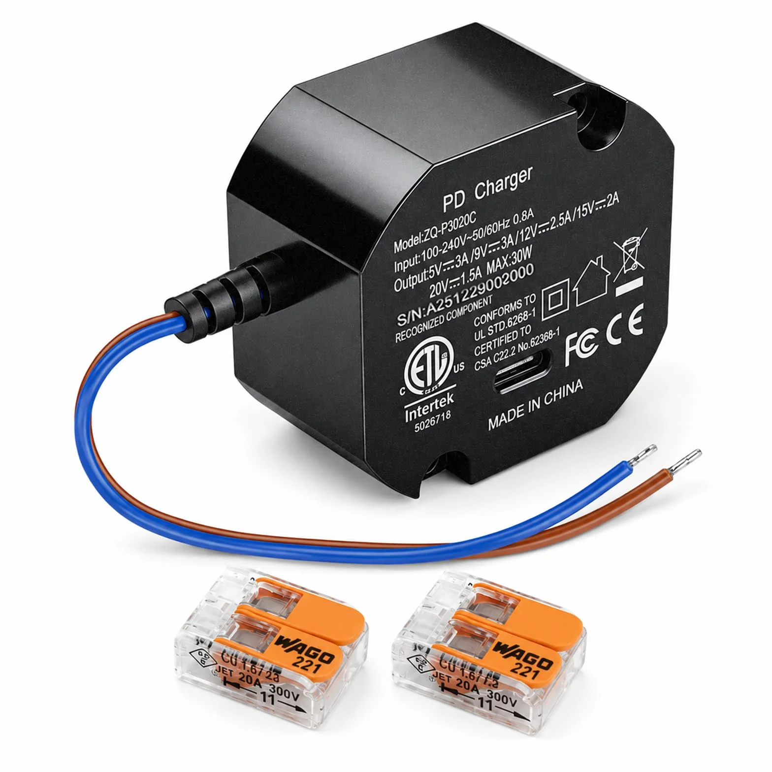 Ładowarka USB typu C 30 W, montaż ścienny AC na typ C, zasilacz do tabletu podtynkowego, zasilacz PD3.0, szybka ładowarka 100-240 V 5 V3A/9V3A/12V2.5A/15V2A/20V1.5A ładowarka do skrzynki Junction Box