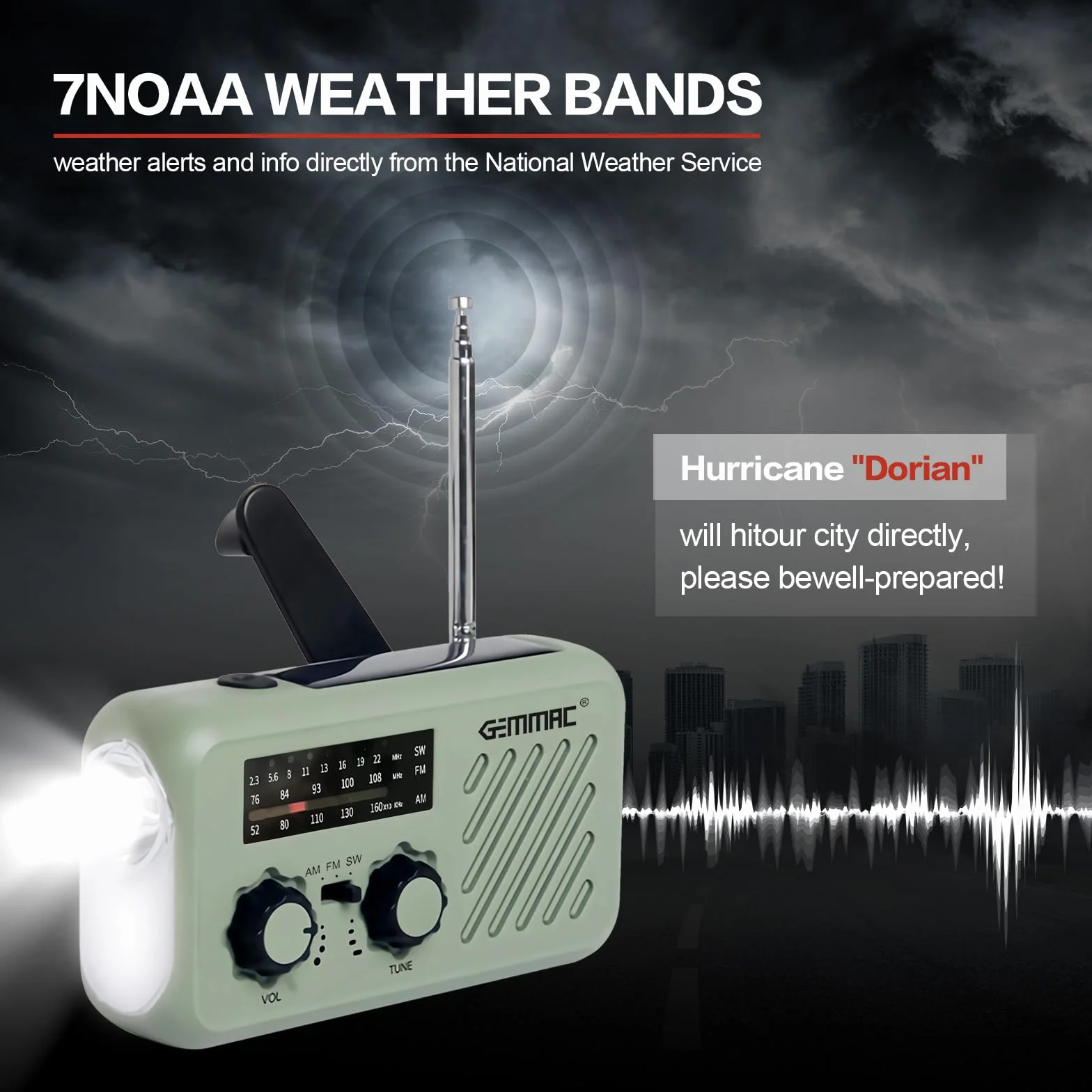 Gemmac Radio Awaryjne, 3-Drożne ładowanie Awaryjne, Akumulator 2000 mAh Radio Korbowe, ładowarka Solarna, Power Bank Radio USB AM/FM z Alarmem SOS i Wejściem Słuchawkowym, Latarka