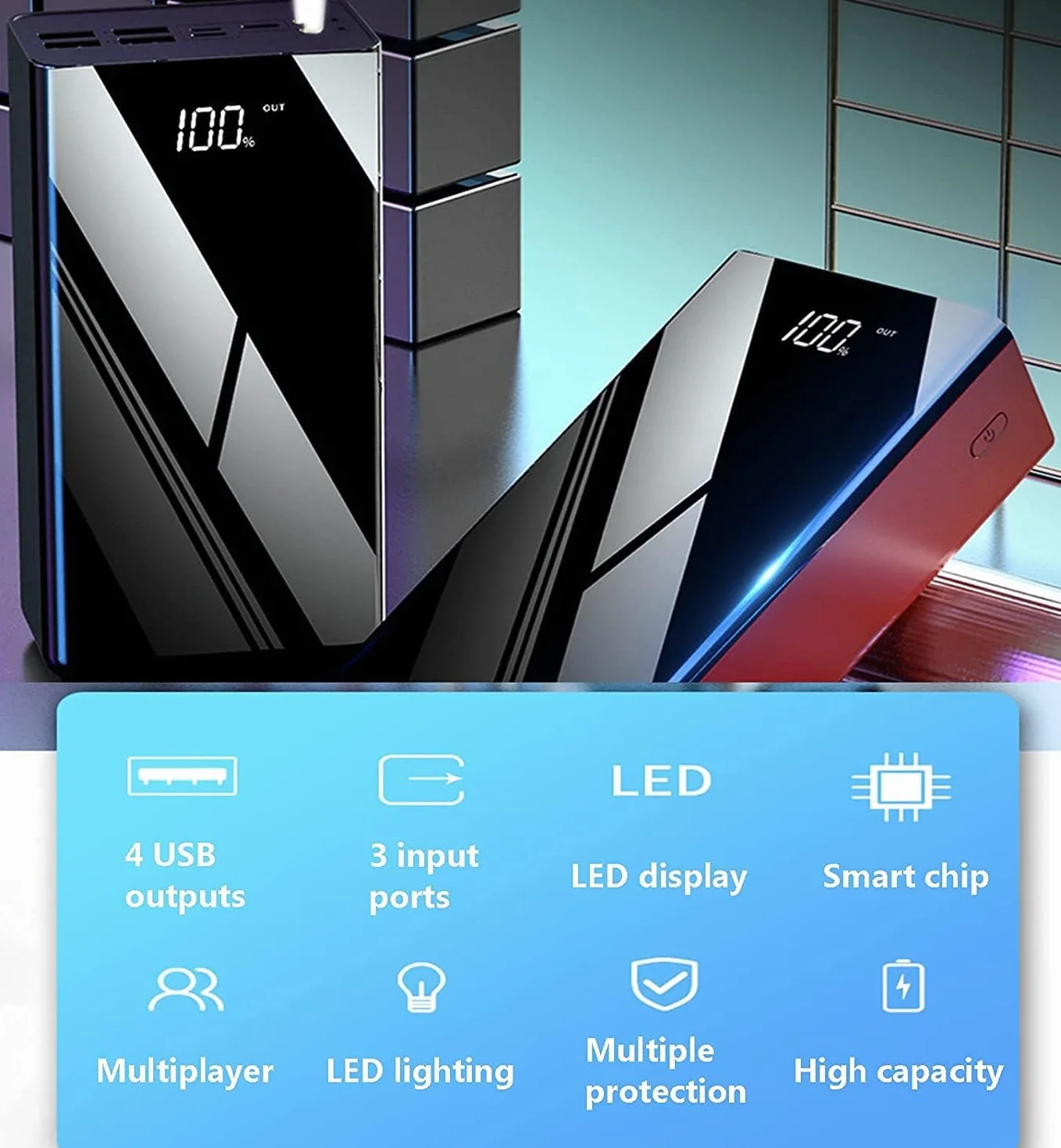 Przenośna ładowarka 40000-100000 mAh powerbank o dużej pojemności, obsługa szybkiego ładowania z wyświetlaczem, może ładować 4 urządzenia jednocześnie do smartfonów, tabletów, konsol do gier (czarna