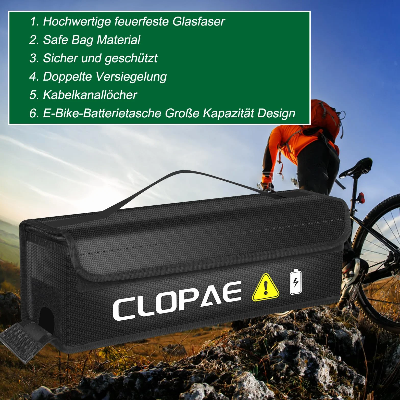CLOPAE Torba na akumulator do roweru elektrycznego, wodoszczelna, ognioodporny skrzynek Lipo Safe Bag do przechowywania, ładowania i transportu