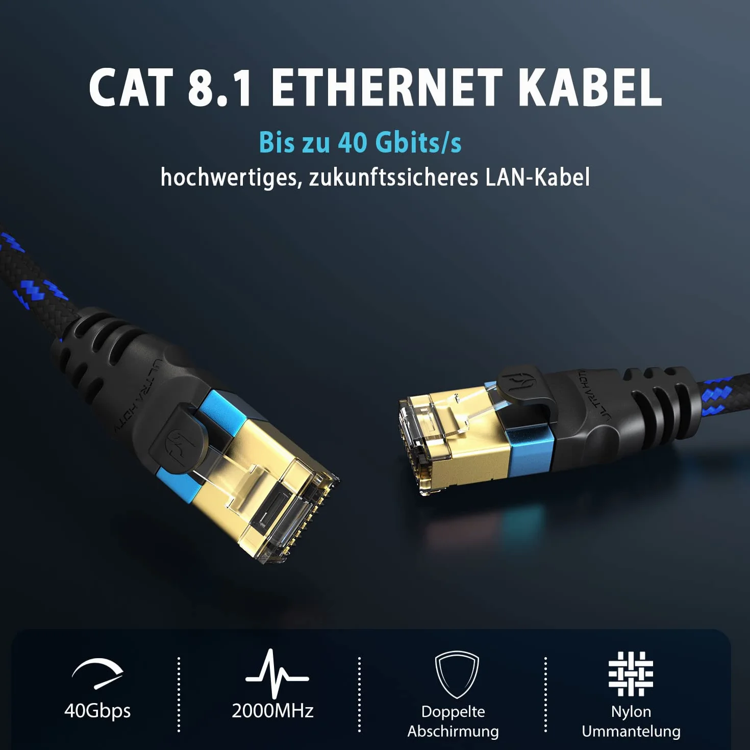 Kabel sieciowy Ultra HDTV CAT 8.1-1 metry, kabel LAN 40 Gb/s, kabel krosowy Gigabit RJ45 Ethernet, zabezpieczenie przed zginaniem, nylonowa kurtka ze światłowodem 40 000 Mbit