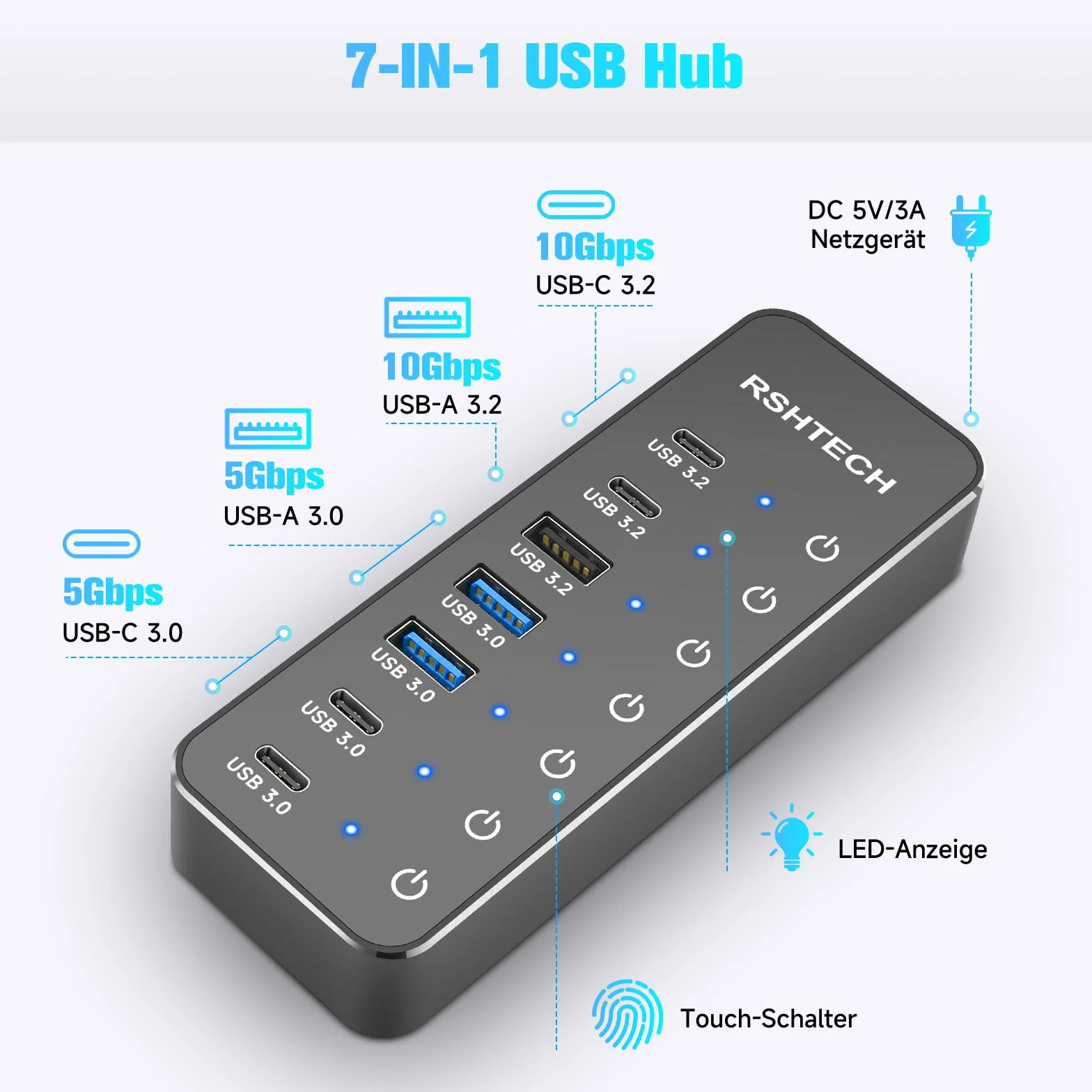RSHTECH 7-portowy koncentrator USB C 3.2 aktywny z zasilaczem sieciowym – koncentrator USB 3.1 Gen2 z 3 portami 10 Gbps (typ A, 2 x typ C), 3,0 5 Gbps (2 x Ty-A, 2 * Ty-C) - kabel do transmisji danych