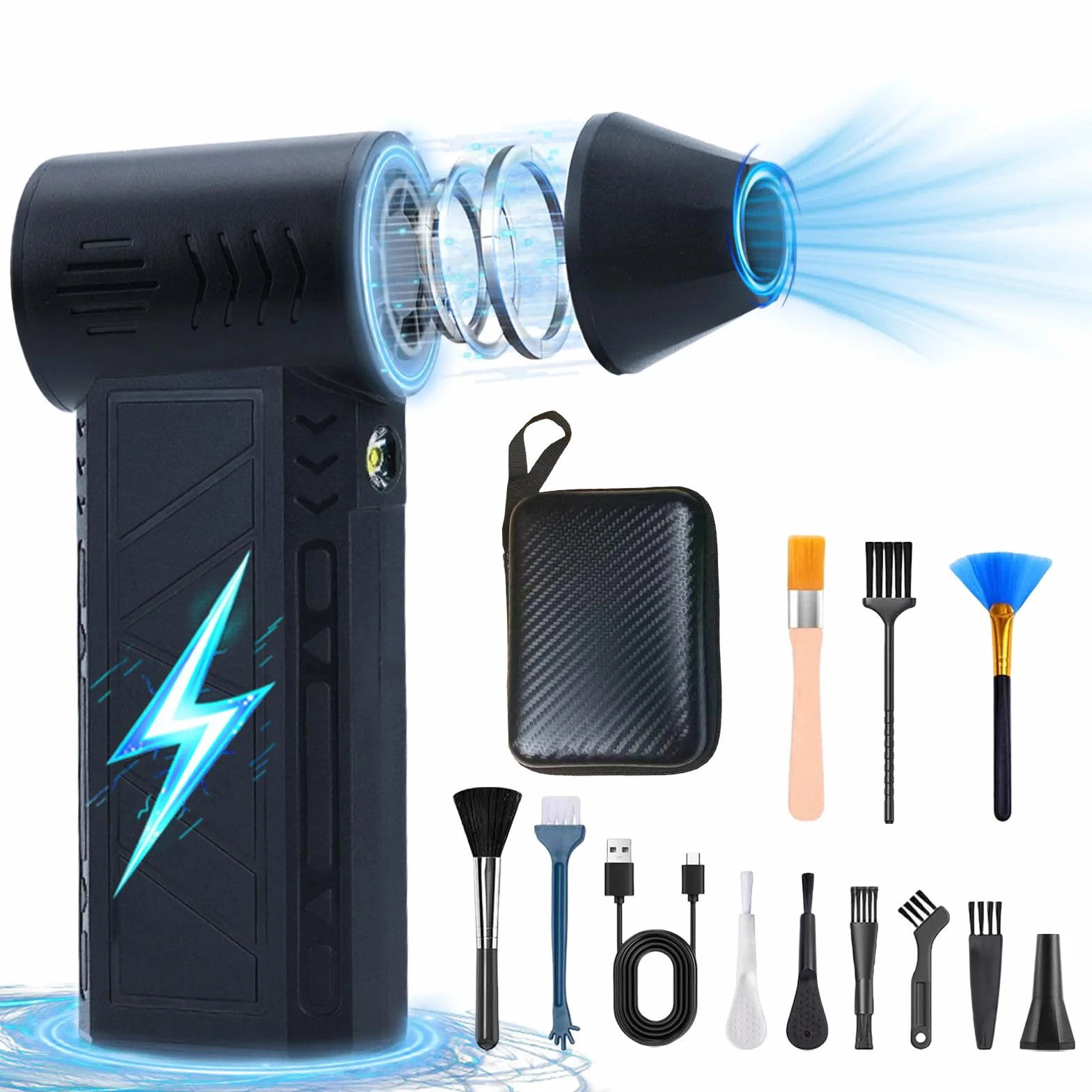 Flintronic Elektryczna dmuchawa pyłu w sprayu, elektryczna dmuchawa z latarką, 4-biegowa 13 0000 obr./min, kompresowany Air Duster, dmuchawa Turbo Jet Fan z akumulatorem 5000 mAh, do komputera