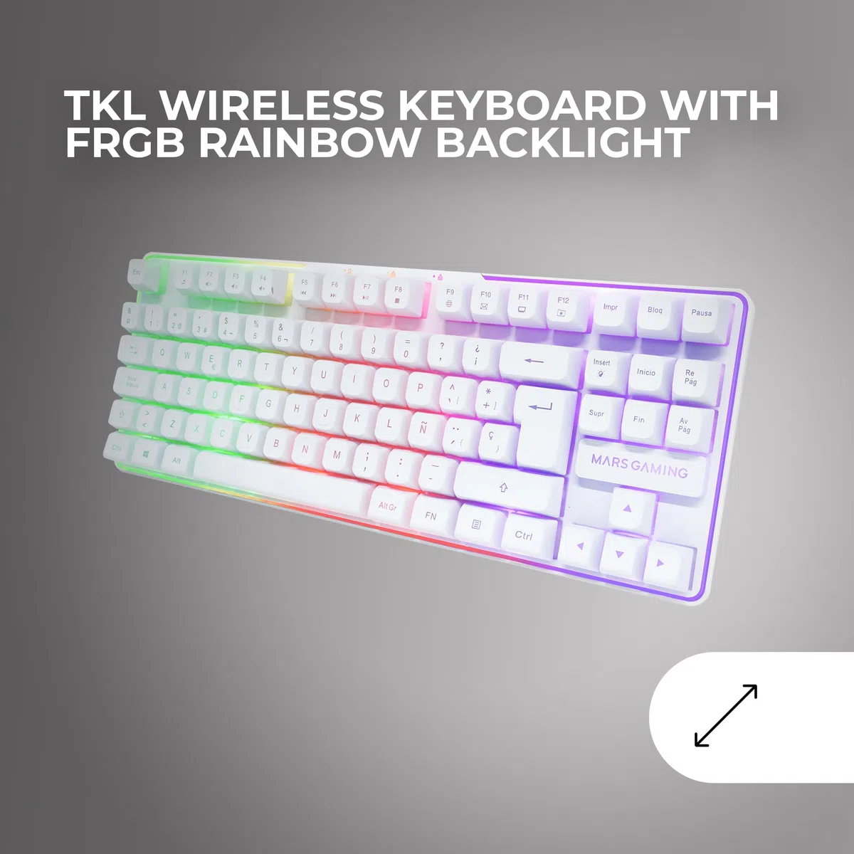 Mars Gaming MCPWTKL, Bezprzewodowy Zestaw Gaming, Technologia DualPro Link 2.4GPRO, Klawiatura TKL FRGB Rainbow + Mysz RGB 3200DPI z Przełącznikami HUANO + Podkładka 360x260mm, Biały, Włoski