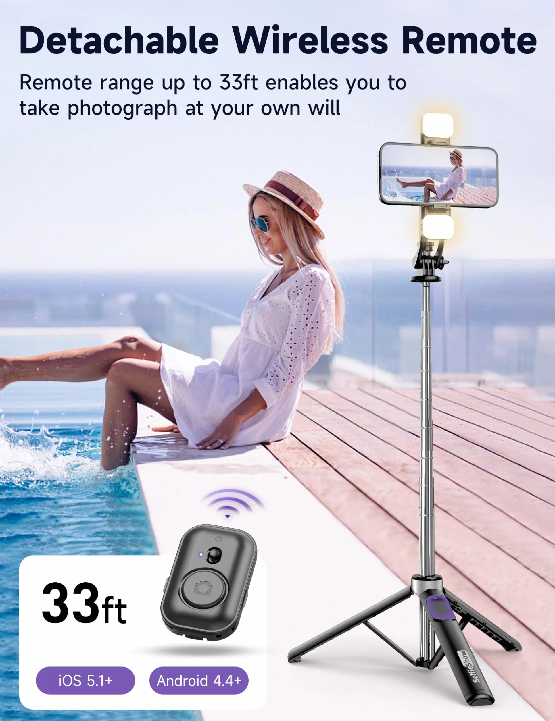 Selfie Stick 135CM z Lampkami Wypełniającymi, Uniwersalny Statyw do Telefonu z Pilotem