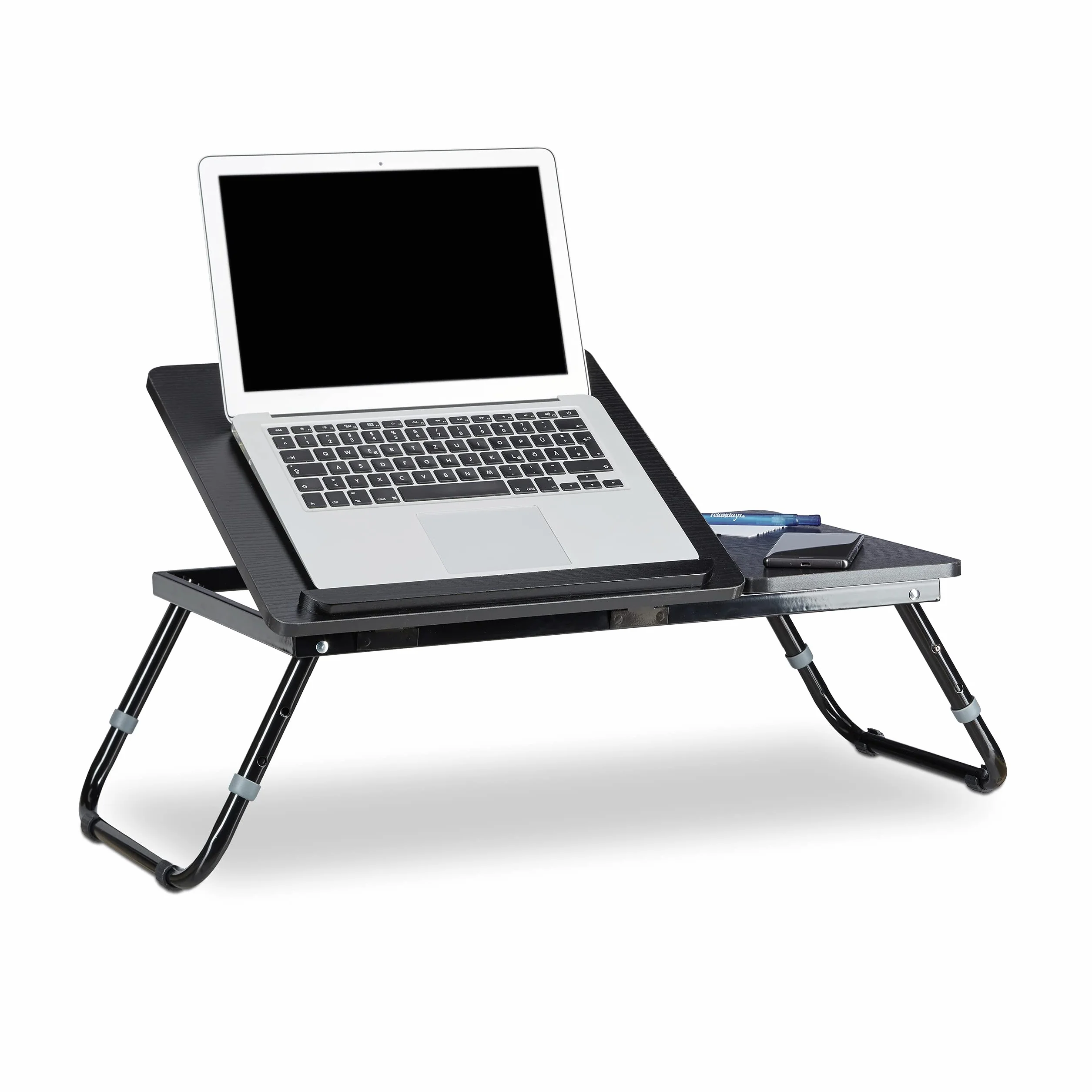Relaxdays stolik do laptopa, stolik do łóżka do notebooka, pomocniczy, wymiary (szer. x gł. x wys.): 60 cm x 35 cm x 24 cm, drewno, czarny, z klapą do czytania z regulacją wysokości, składany