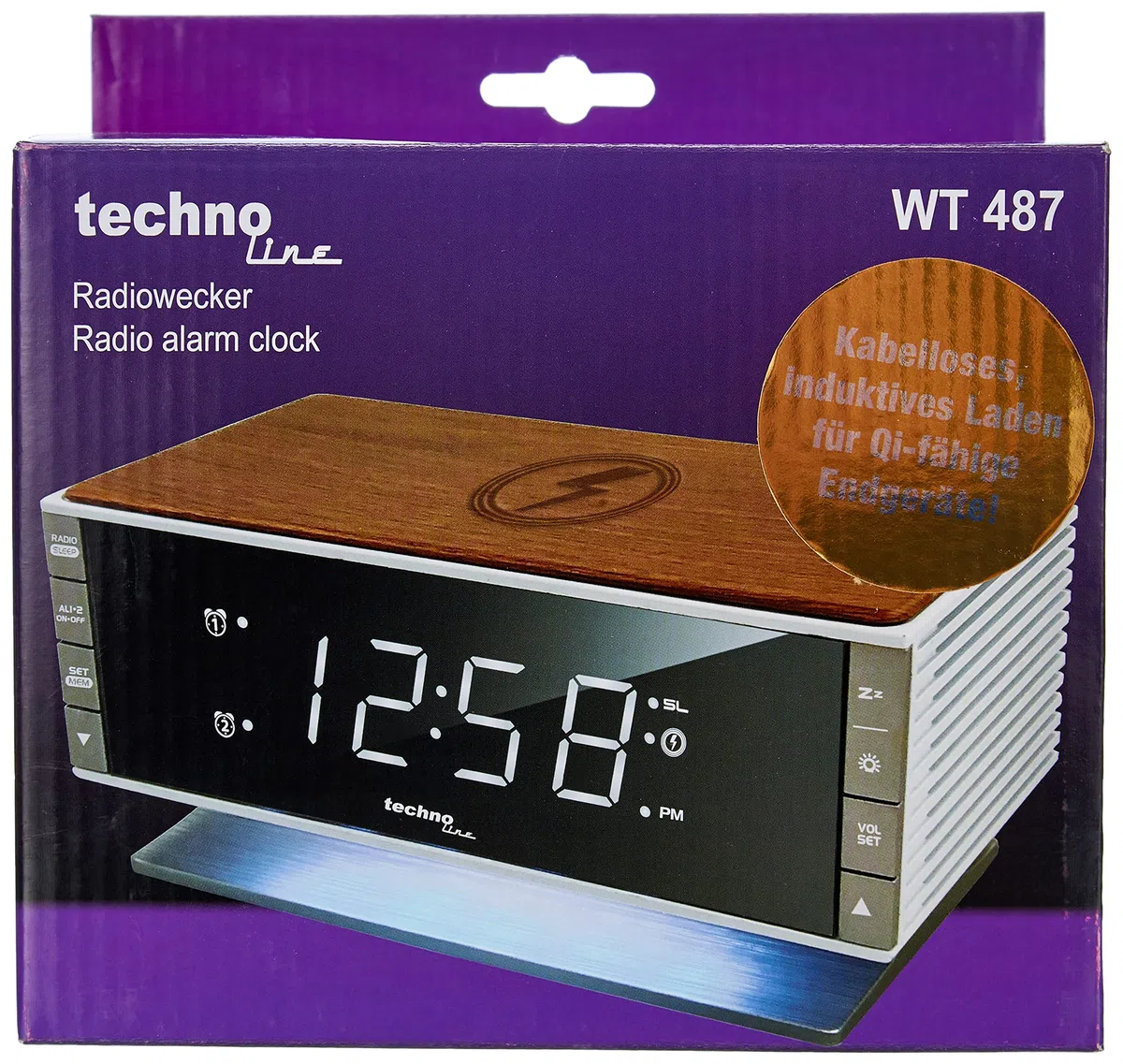 radiobudzik LED technoline WT487, kompatybilny z urządzeniami obsługującymi technologię Qi (ładowanie bezprzewodowe, funkcja ładowania indukcyjnego)