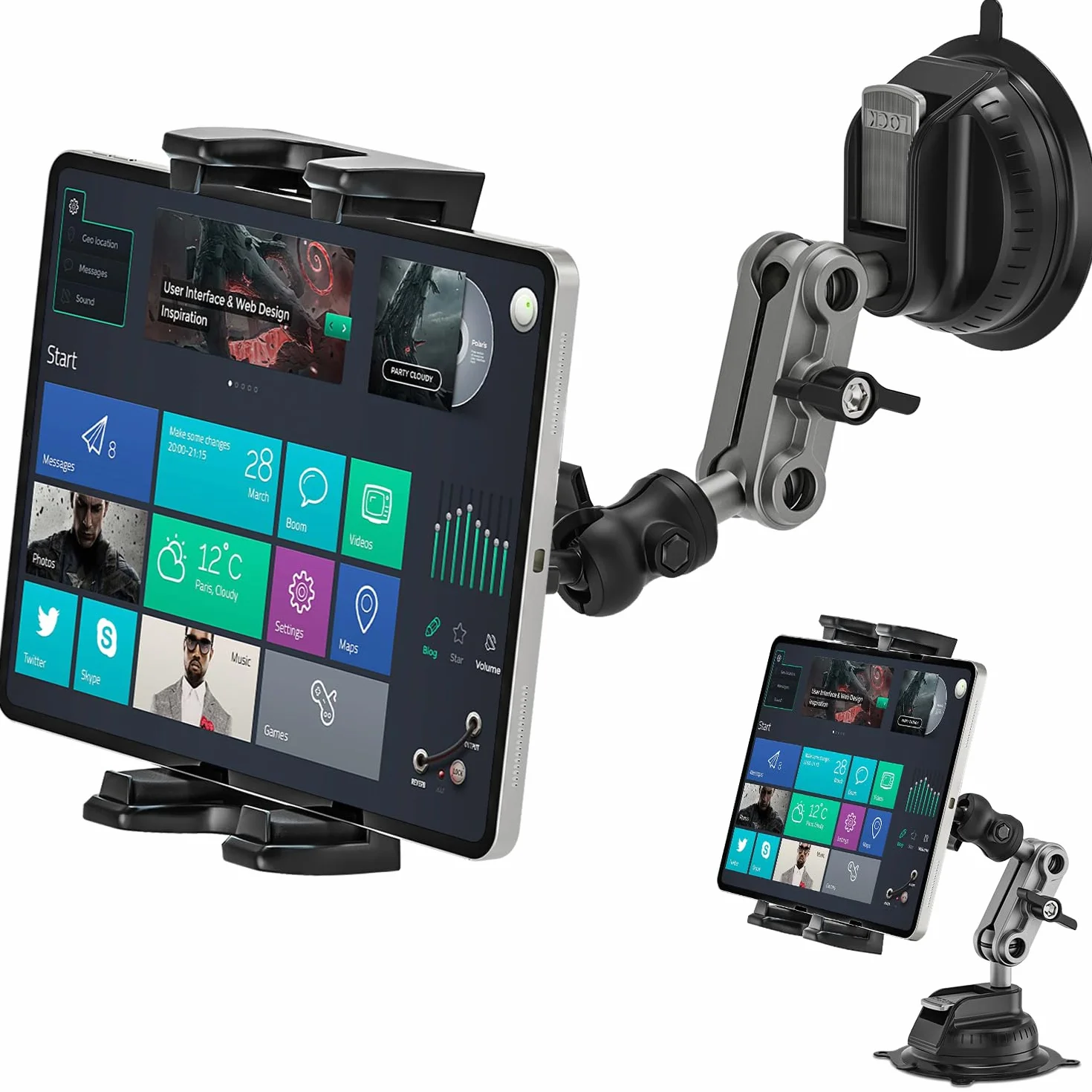 Uchwyt na iPada - Mocny Uchwyt Samochodowy na Tablet z 360° Obracaniem, Przyssawką i Regulowanym Montażem Deskę Rozdzielczą, Pasuje do iPad Pro Air Mini, 4,7-12,9" Tabletów i Telefonów