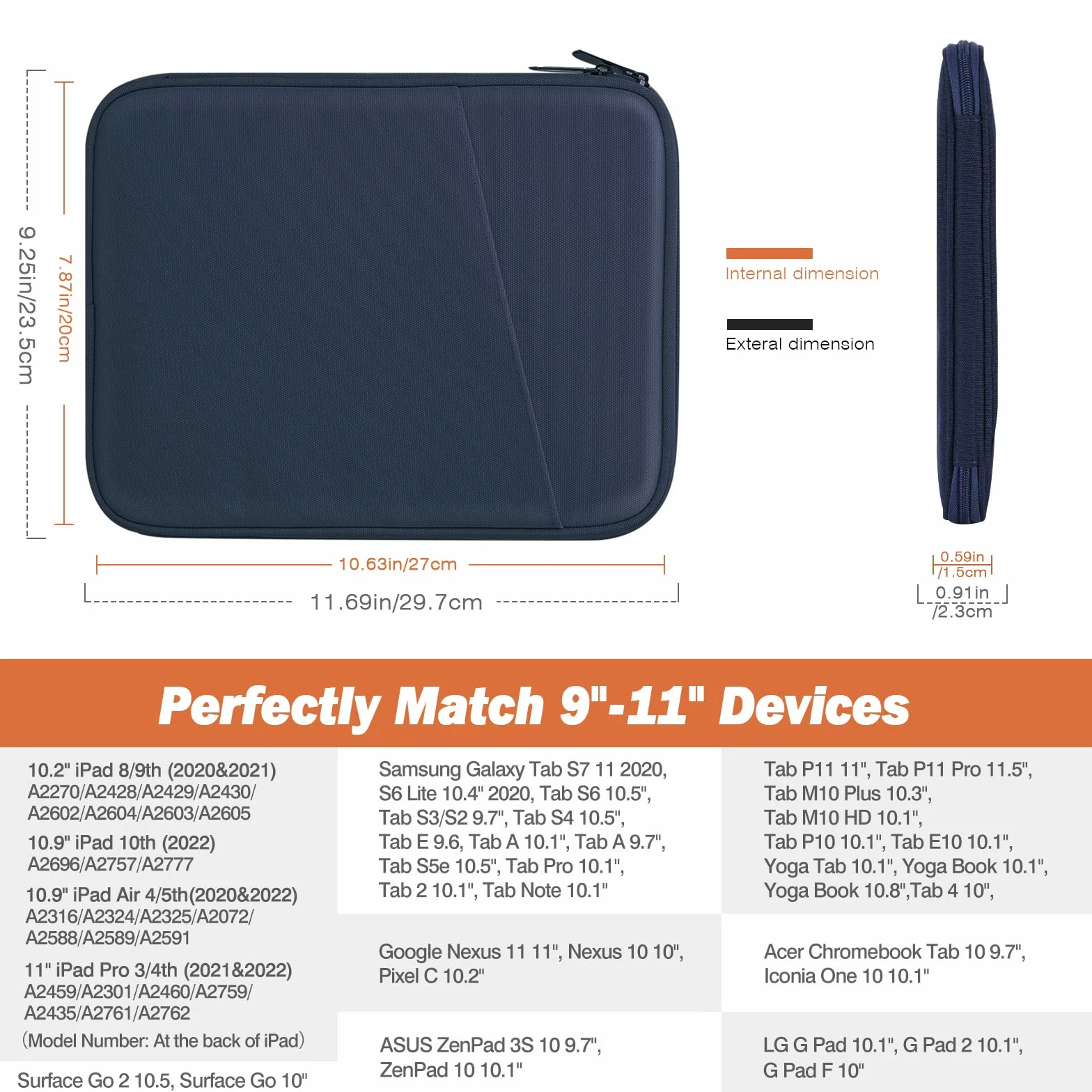 MoKo Etui na tablet 9-11 cali, pasuje do iPada air 5 10.9" 2022, iPada Pro 11 M2 2022-2018, iPada 10 10.9 2022, iPada Air 4 10.9, Tab S8/A7, torby ochronnej z kieszenią, Indigo
