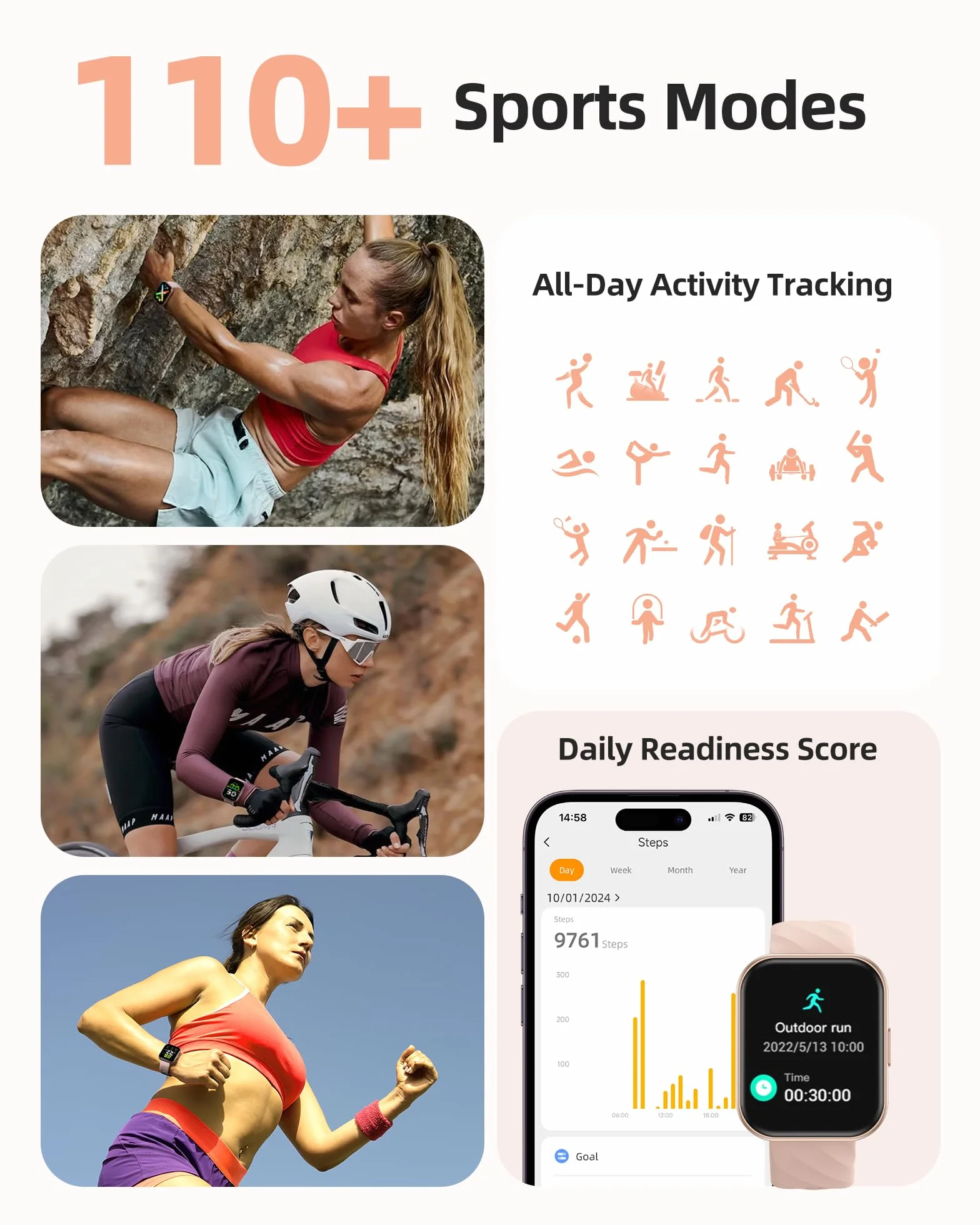 Parsonver Zegarek Smartwatch dla kobiet, 5ATM wodoodporny zegarek do pływania, 1,8" ekran HD, zegarek fitness z 100+ trybami sportowymi, monitorowanie tętna oraz snu, dla Androida i iOS, różowe złoto