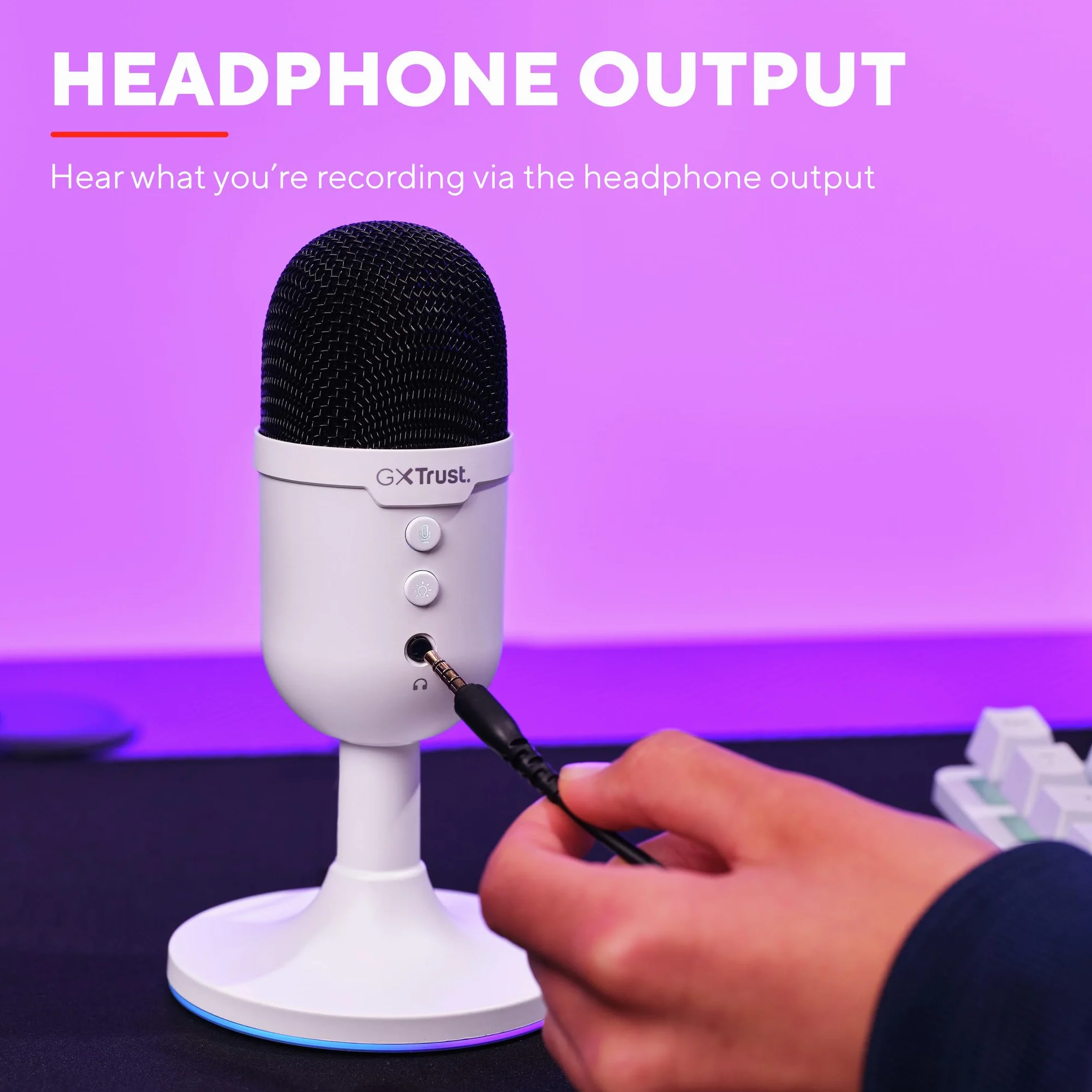 GXTrust 236W Yami Mikrofon pojemnościowy USB do Podcastów, Twitch Discord ASMR Youtube Playstation 5, mikrofon do gier z kardioidalnym wzorem nagrywania, podświetlenie RGB, biały
