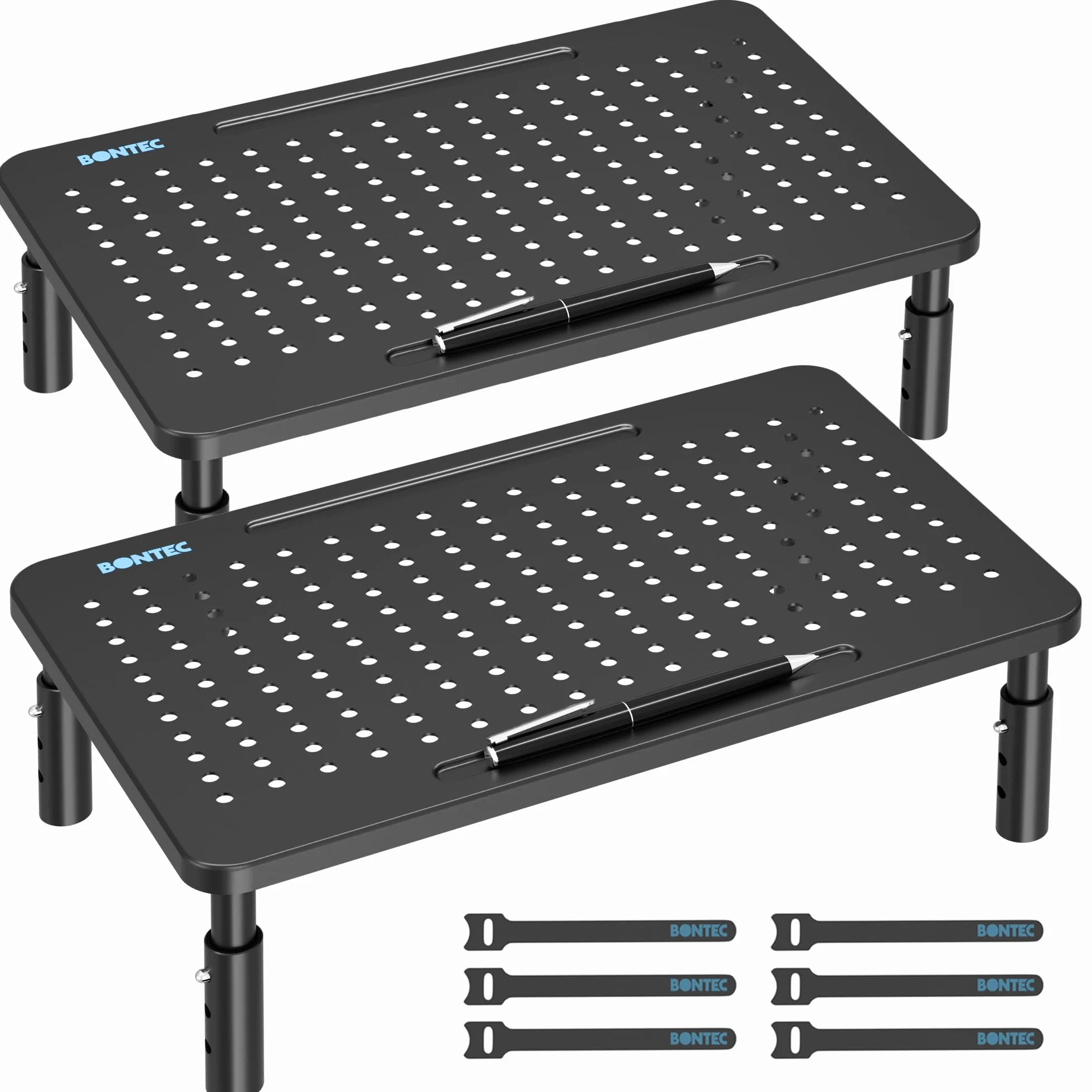 BONTEC Stojak na Monitor z Regulacją Wysokości, Ergonomiczna Podstawka Biurkowa z Siatkową Platformą, Solidna Stalowa Konstrukcja do Laptopa, Komputera, PC, Max. 20KG, Łatwa Organizacja Kabli (2 Pack)