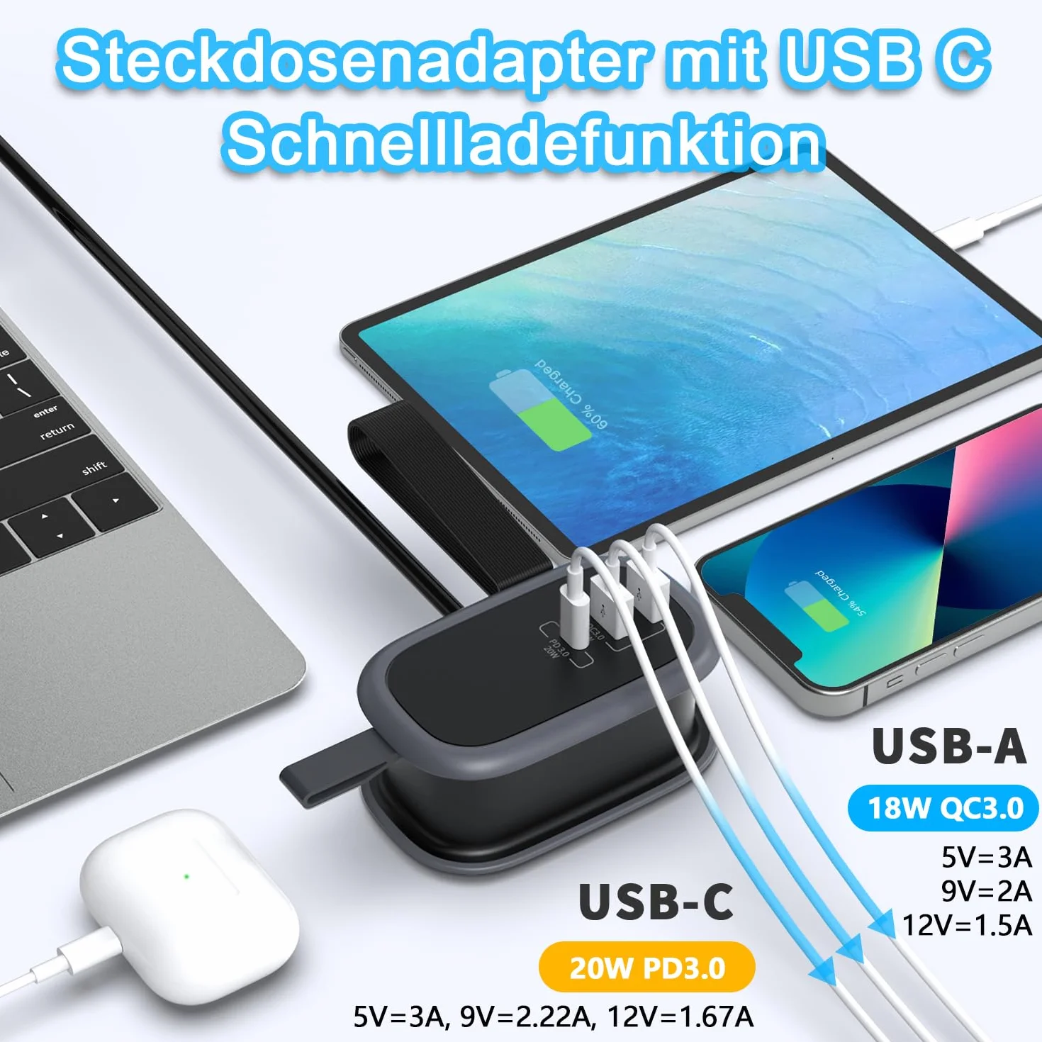 Podróżna listwa zasilająca z 3 gniazdami USB, 4000 W/16 A i szybkim ładowaniem USB C, z wieloma wtyczkami, zabezpieczeniem przeciwprzepięciowym w gnieździe dystrybucyjnym z przedłużaczem owiniętym 1,1