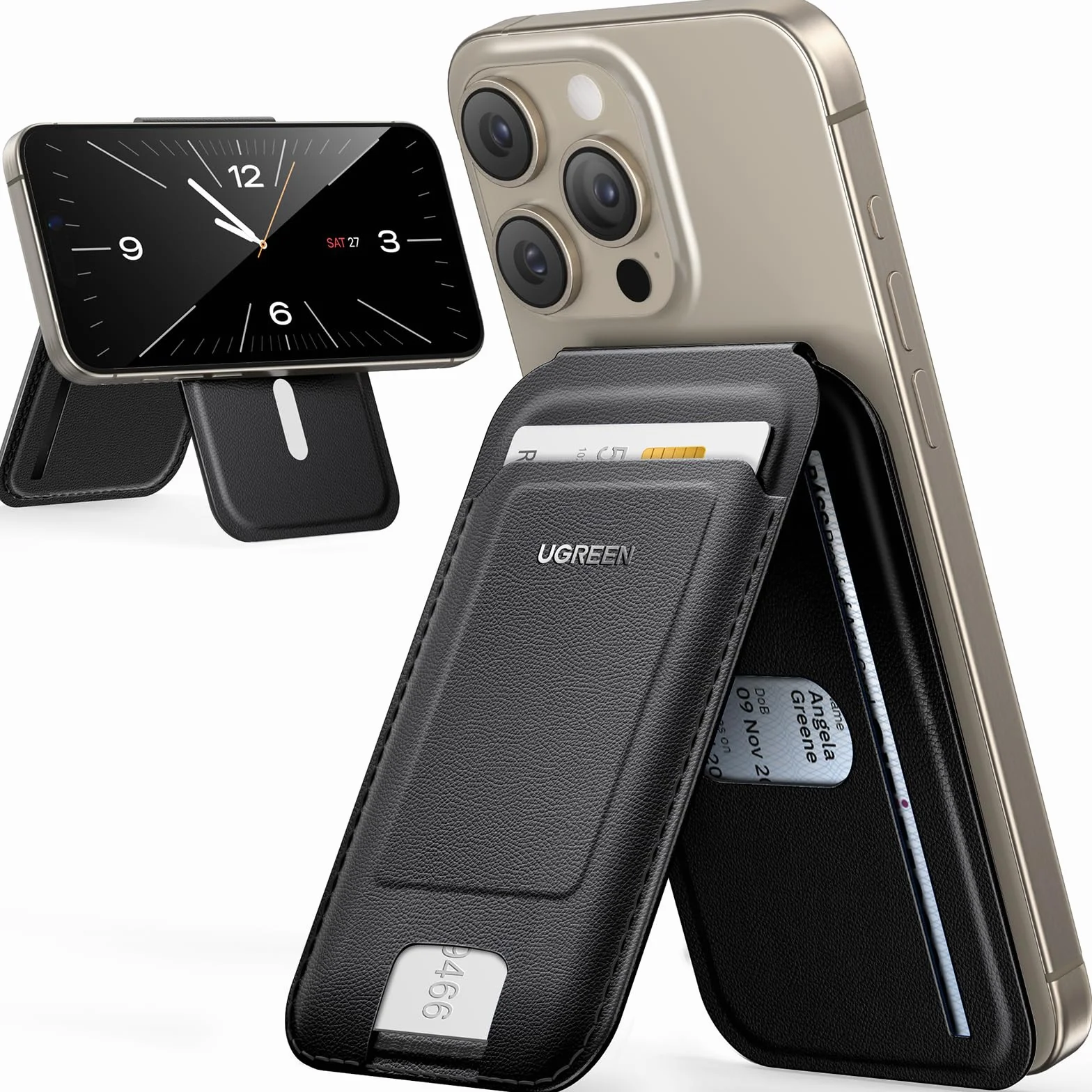 UGREEN Magnetyczny uchwyt na kartę telefonu komórkowego Skórzany stojak na portfel kompatybilny z iPhone'ami serii 15/14/13/12, nie dla 13/12 Mini, czarny