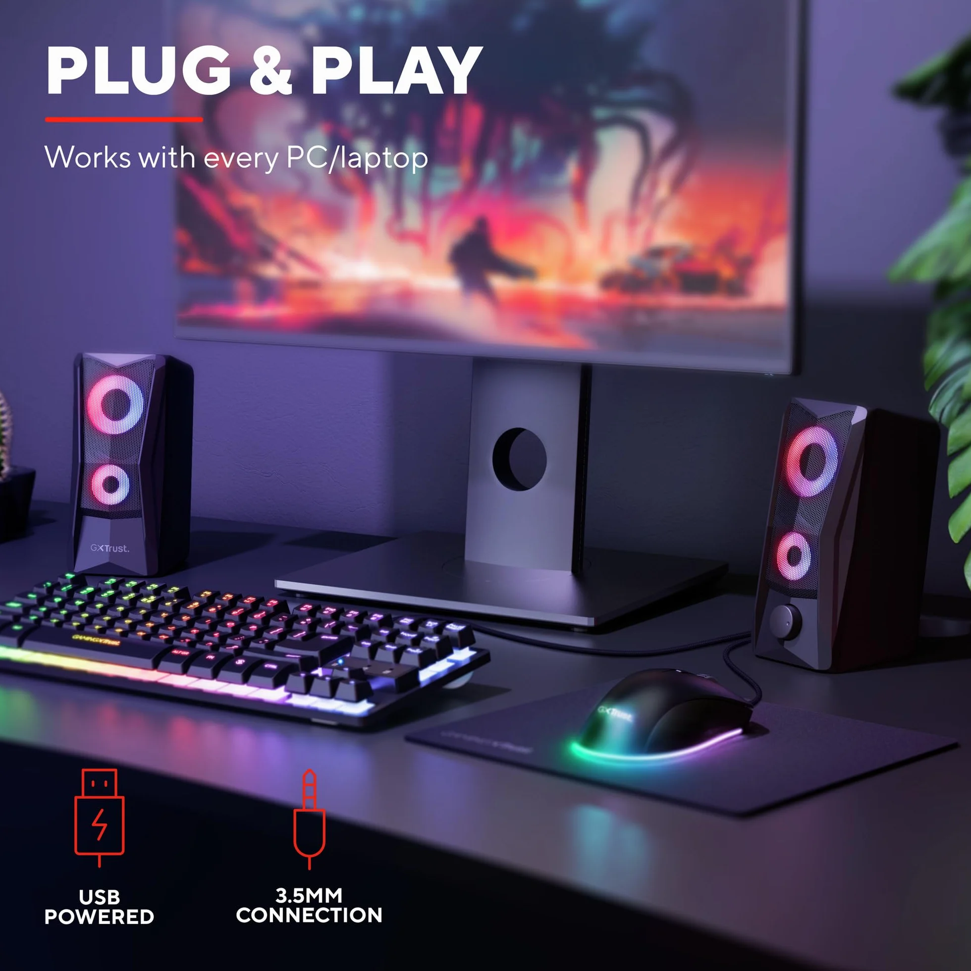 Trust Gaming GXT 606B Javv 2.0 PC głośnik z oświetleniem RGB LED, 12 W (6 W RMS), zasilanie USB, kompaktowe głośniki PC, zestaw głośników, głośniki gamingowe do komputera i laptopa – czarny