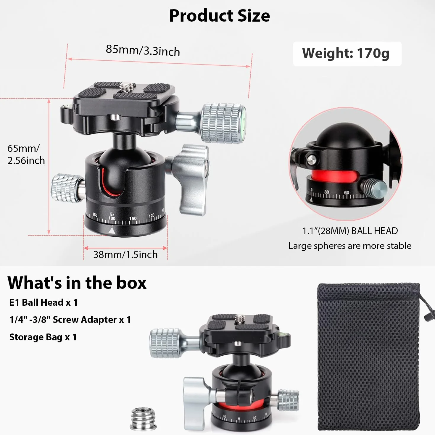 koolehaoda Niskoprofilowa mini głowica kulowa 360° Panoramiczna 1/4" Arca-Type QR Plate Metalowy do lustrzanki cyfrowej 170g 8kg