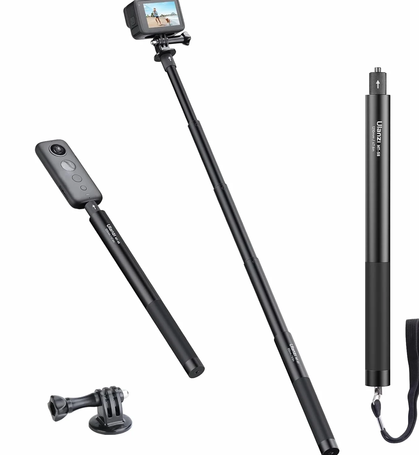 47-calowy / 120-centymetrowy kijek do selfie do Insta 360, monopod ULANZI MT-58 do kamery akcji, wysuwany ręczny kijek kompatybilny z Hero 11/10/9/8/7 Insta 360 One XR/RS/GO 2 DJI Osmo Action