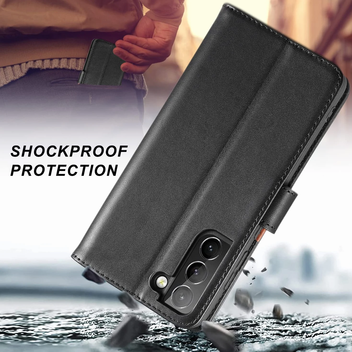 Etui LENSUN do Samsung Galaxy S21 FE 5G, etui z prawdziwej skóry portfel [RFID Blokad] z pamięcią na karty i zapięciem magnetycznym kompatybilne z Samsung S21 FE 5G- czarne (S21FE-JT-5BK)