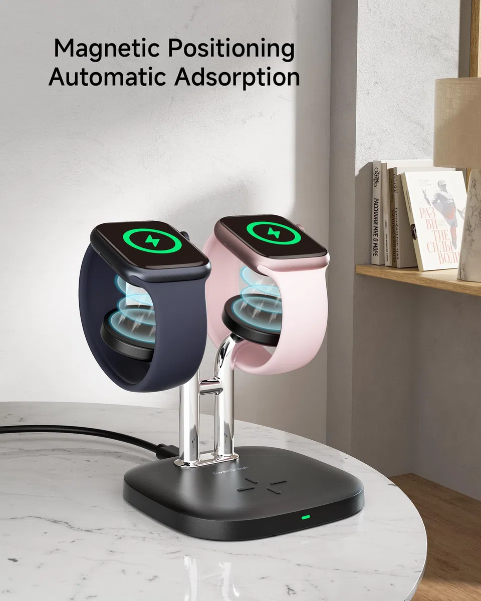 SwanScout Ładowarka Zegarków do Apple Watch, SwanScout 704A, 3.3W Szybko Podwójna Stacja Ładowania Zegarków Kompatybilna z Apple Watch Ultra 3/SE 3/Series 11/10/9/8, AirPods Pro(Bez Adaptera)