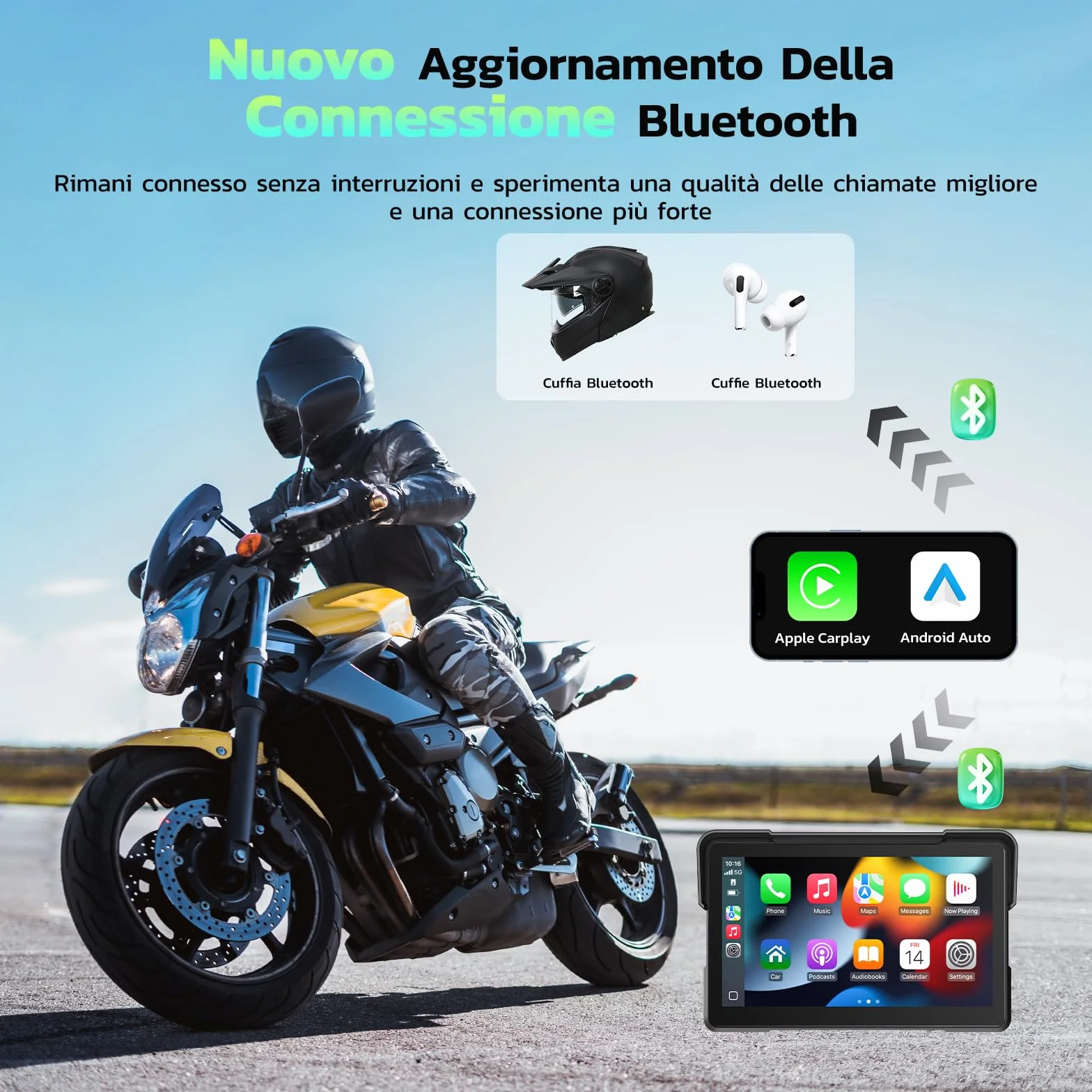 LAMTTO 7" Ekran motocyklowy CarPlay i Android Auto, IP67 całkowicie wodoszczelny, nawigacja GPS dla motocykla, Bluetooth Siri/G00gle Assistant