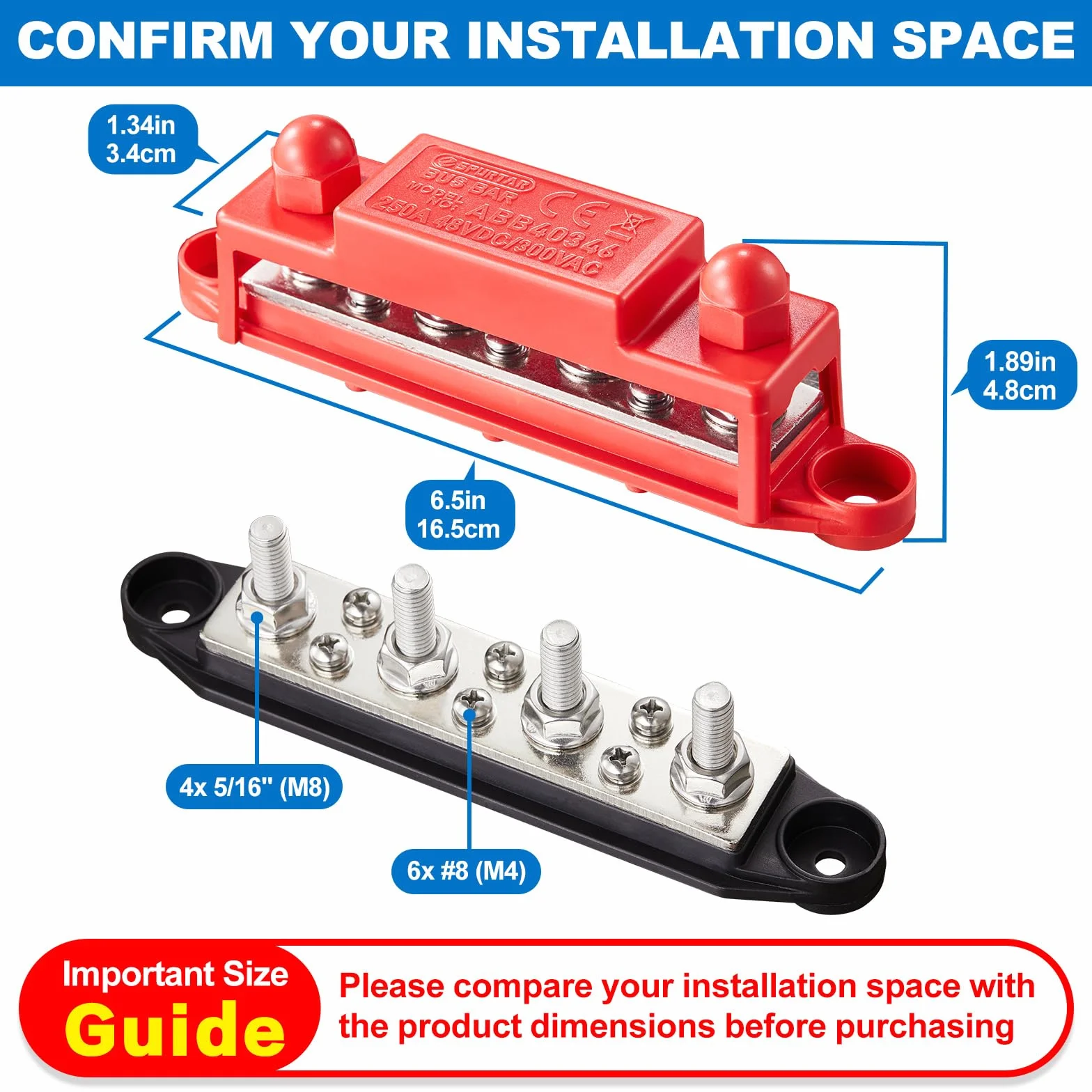 Spurtar 12V Szyna Zbiorcza Bus Bar 250A - 4x M8 Zaciski, 6x M4 Śruby, Blok Dystrybucji Zasilania 12V/24V/48V do Samochodu, Kampera, Łodzi, ATV, Przyczepy - Nie nadaje się do ciasnych przestrzeni