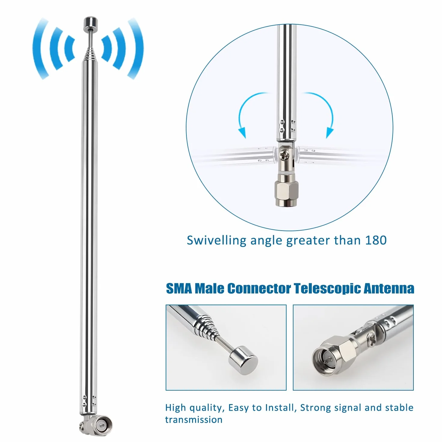 VooGenzek 2 Sztuk 100cm 7-Sekcyjna Antena Teleskopowa, Wymiana Anteny Teleskopowej, Zamiennik Anteny Teleskopowej, ze Złączem Męskim SMA, do Odbioru Radia TV DAB FM/AM Stereo