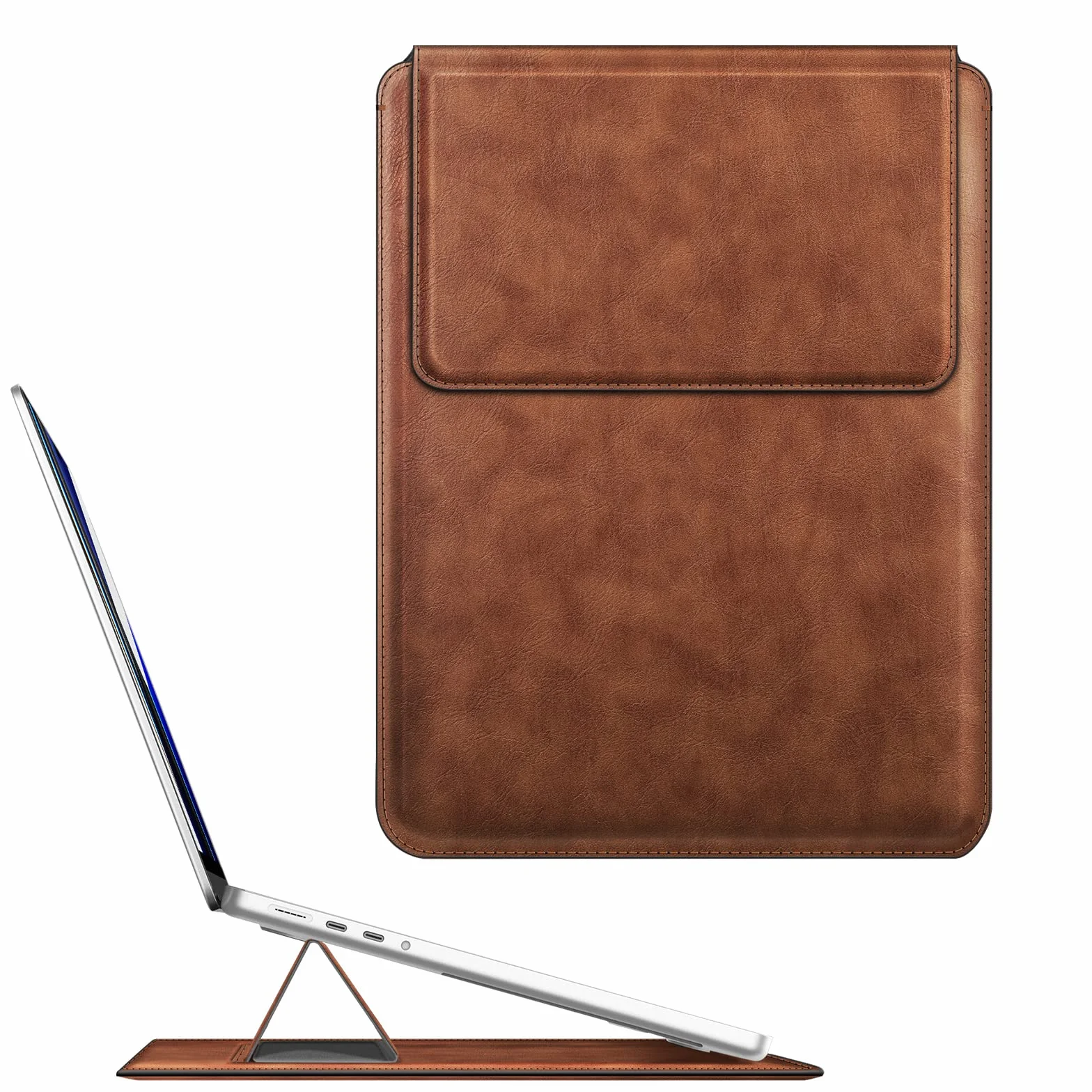 Fintie Etui na MacBooka Air 13,6 A3240, A3113, A2681, Pro 14 A3401, A3185, A3112, A2992, A2918, A2779, A2442, pokrowiec, ze skóry poliuretanowej, z funkcją podstawki, brązowe