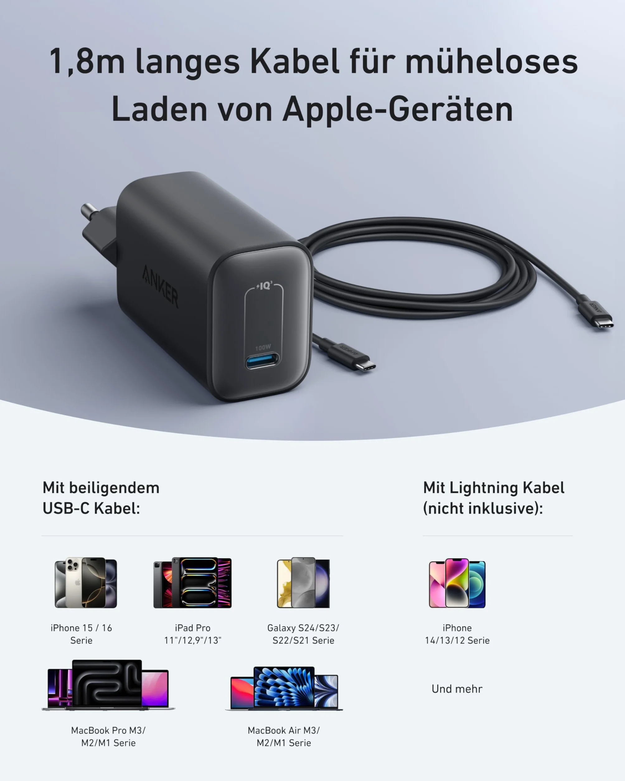 Anker Ładowarka USB-C Nano 100 W do MacBooka, iPada, iPhone'a, Galaxy z kablem 1,8 m
