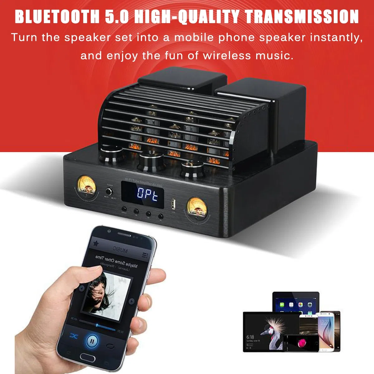 Hybrydowy wzmacniacz lampowy stereo z wejściem światłowodowym/koncentrycznym i bezstratnym odtwarzaniem USB do muzyki audiofilskiej, kina domowego i gier