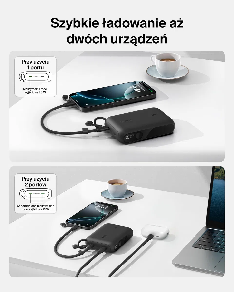 Belkin Power Bank 10000 mAh, Przenośna ładowarka z 2 portami USB-C, cyfrowy wyświetlacz, ładowanie urządzeń iPhone serii 16 i 15, Samsung Galaxy S25, S24, Pixel 9, iPad z mocą 20 W – Czarna