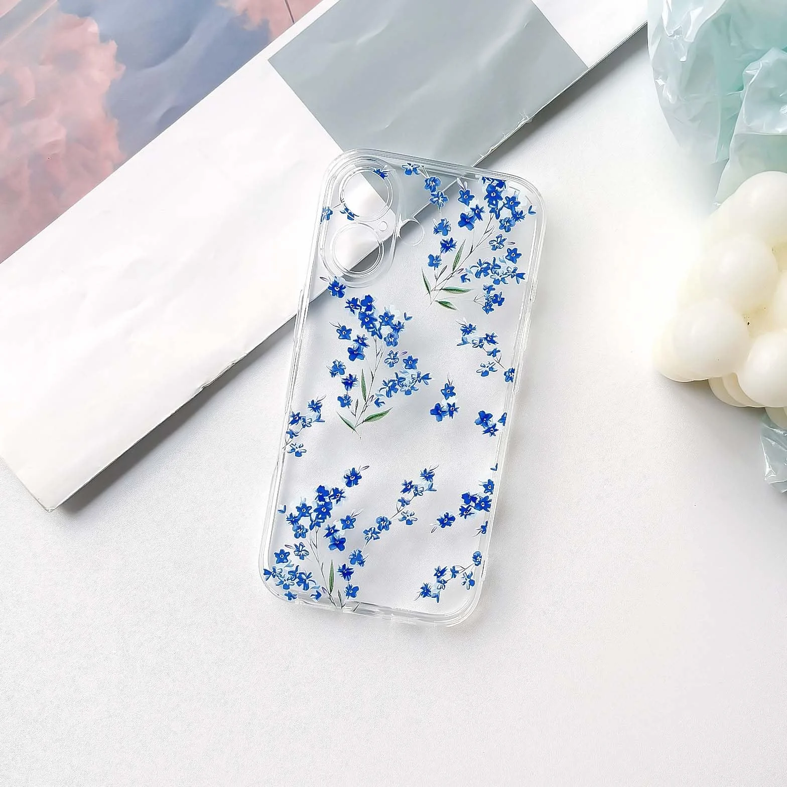 NITITOP Etui do iPhone 17 Śliczne przezroczyste kwiatowe kwiaty wzór dla kobiet dziewczyn kwiatowy wzór gałęzi miękkie etui TPU odporne na wstrząsy etui ochronne - niebieskie