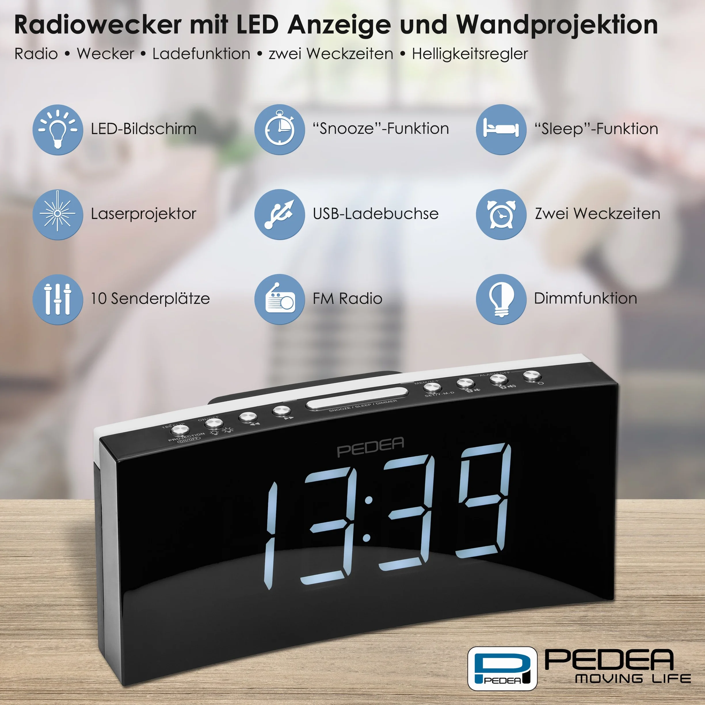 PEDEA Radiobudzik z Wskaźnikiem LED i Oświetleniem