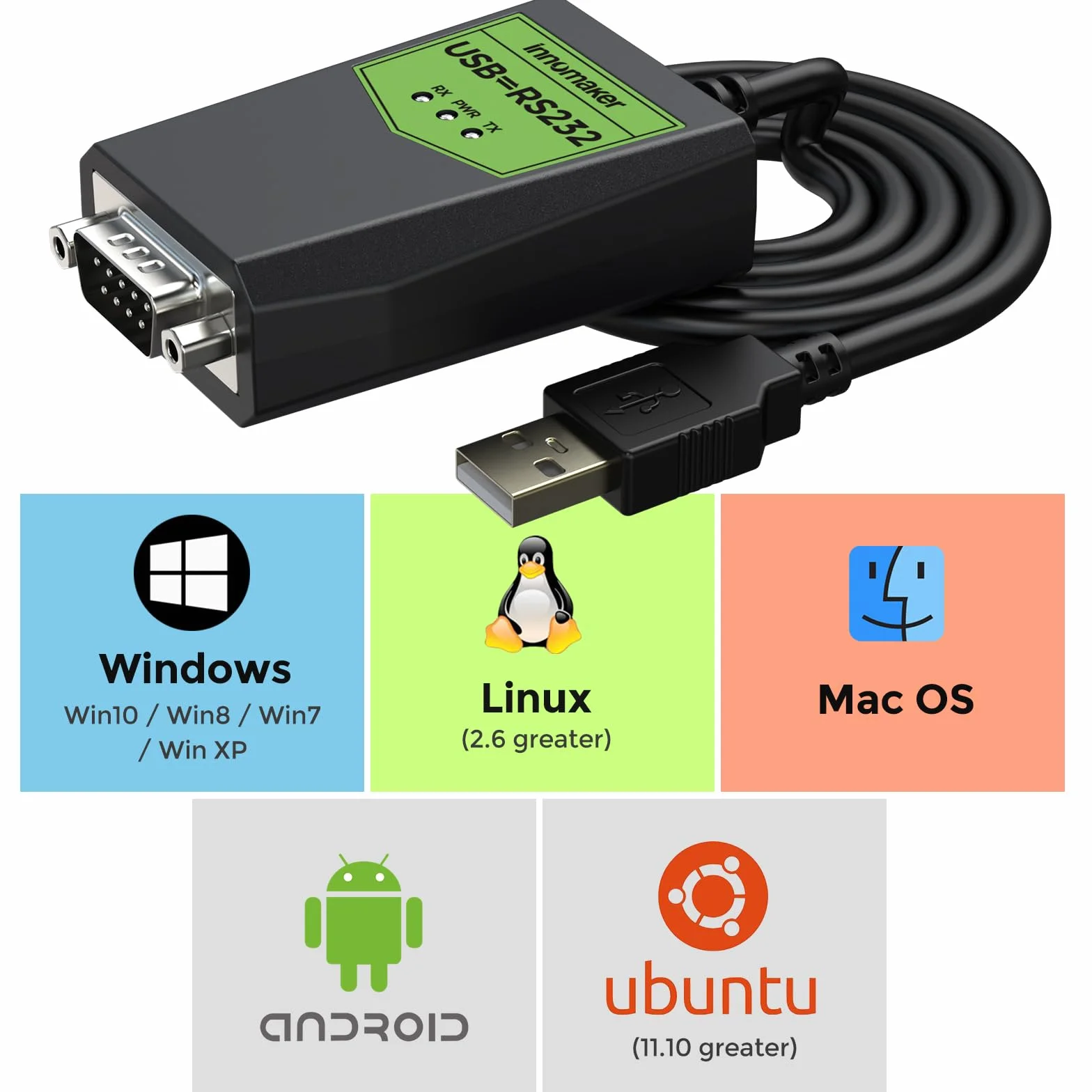 InnoMaker Przemysłowy adapter USB na szeregowy RS232, USB na DB9 męski, Chipset FTDI, Ochrona ESD, Izolacja sygnału/zasilania, Zgodny z Windows 11,10,XP, Mac OS, Android, Linux