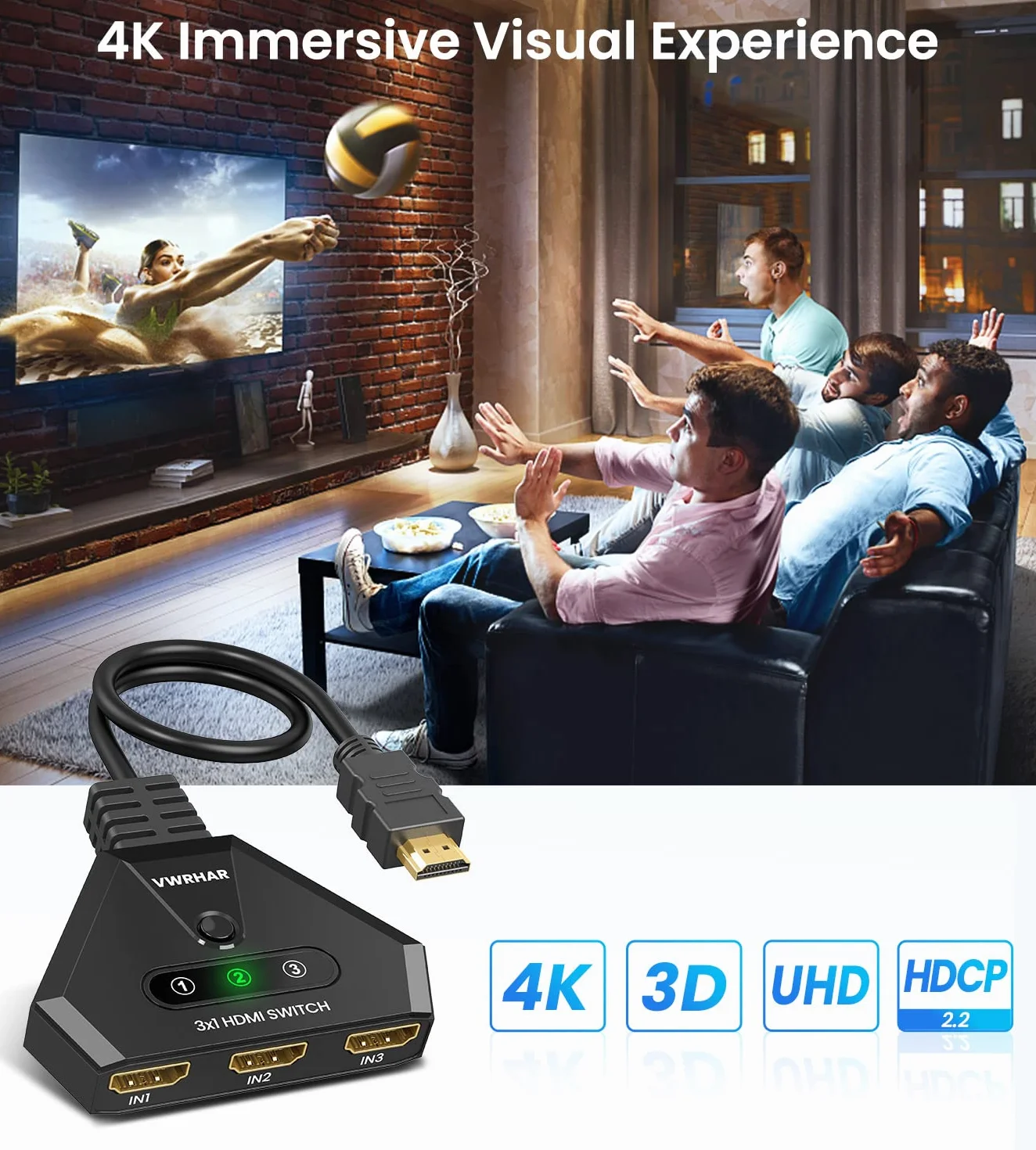 Przełącznik HDMI 4K Automatyczny/Ręczny 3 w 1 - Obsługuje 4K/3D/HDR/UHD/1080P, Kompatybilny z Xbox, PS5/4/3, Blu-Ray, Firestick, Apple TV