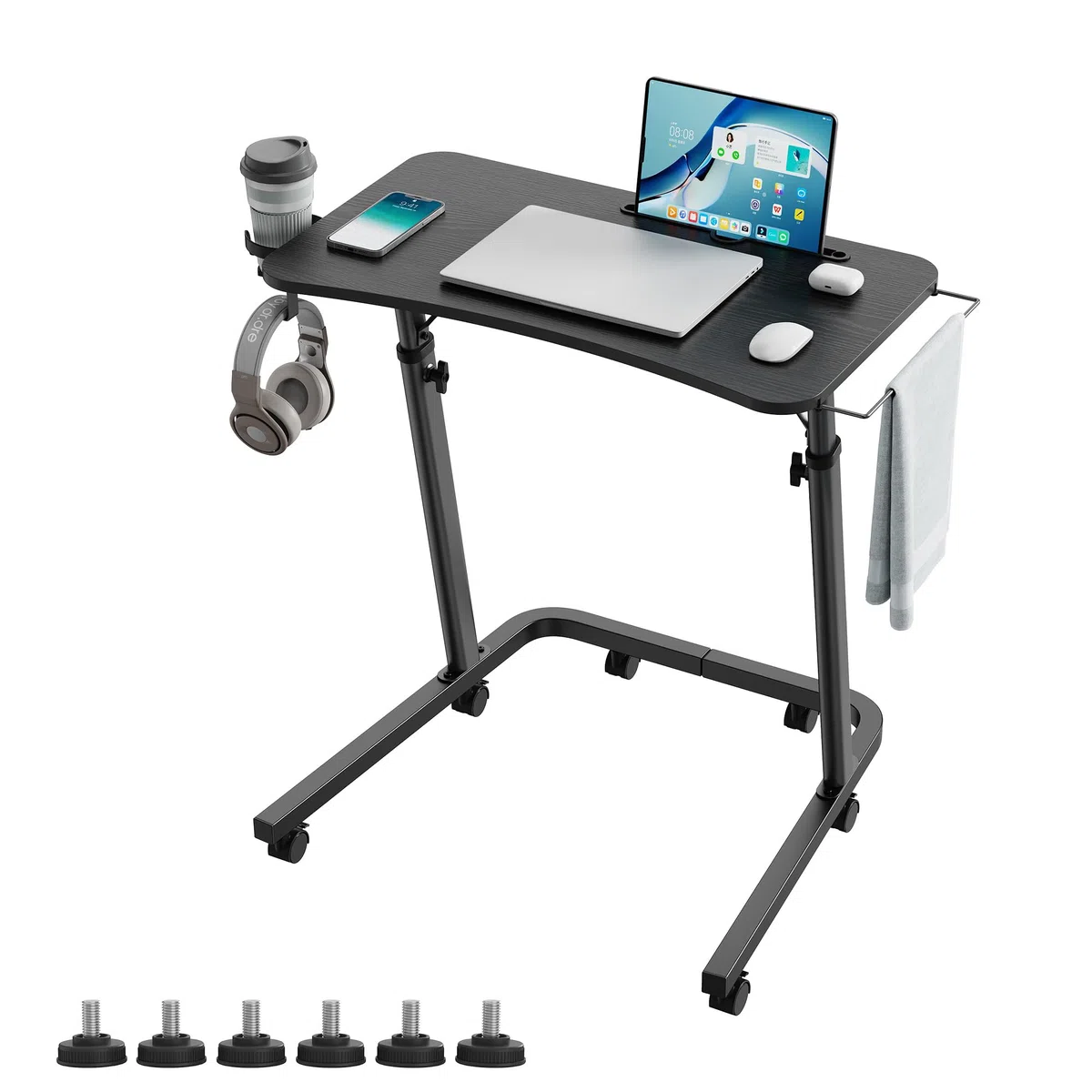 Stół do treningu rowerowego z regulacją wysokości i kółkami, stolik nocny i stolik pod laptopa, stolik pomocniczy z regulacją wysokości, do jazdy wewnątrz i bieżni z uchwytem na napoje i hakami