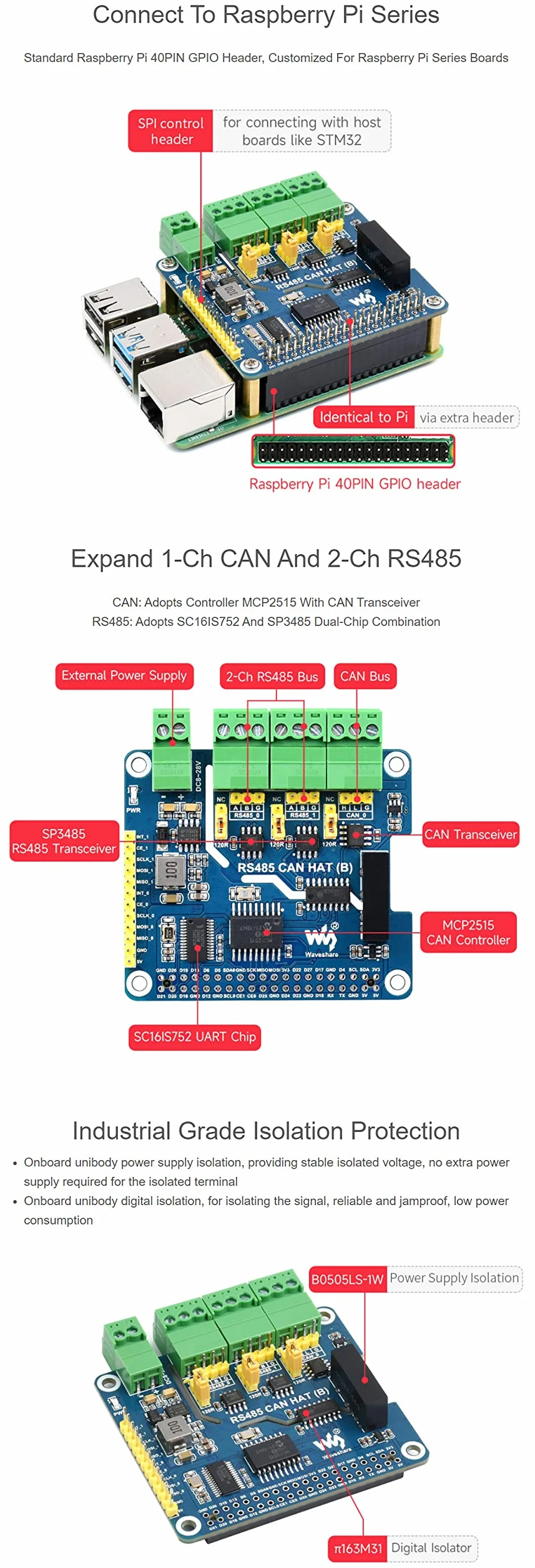Izolowany RS485 CAN HAT (B) do Raspberry Pi Series, SPI Communication, 2-Ch RS485 i 1-Ch CAN, Converts SPI to CAN/RS485