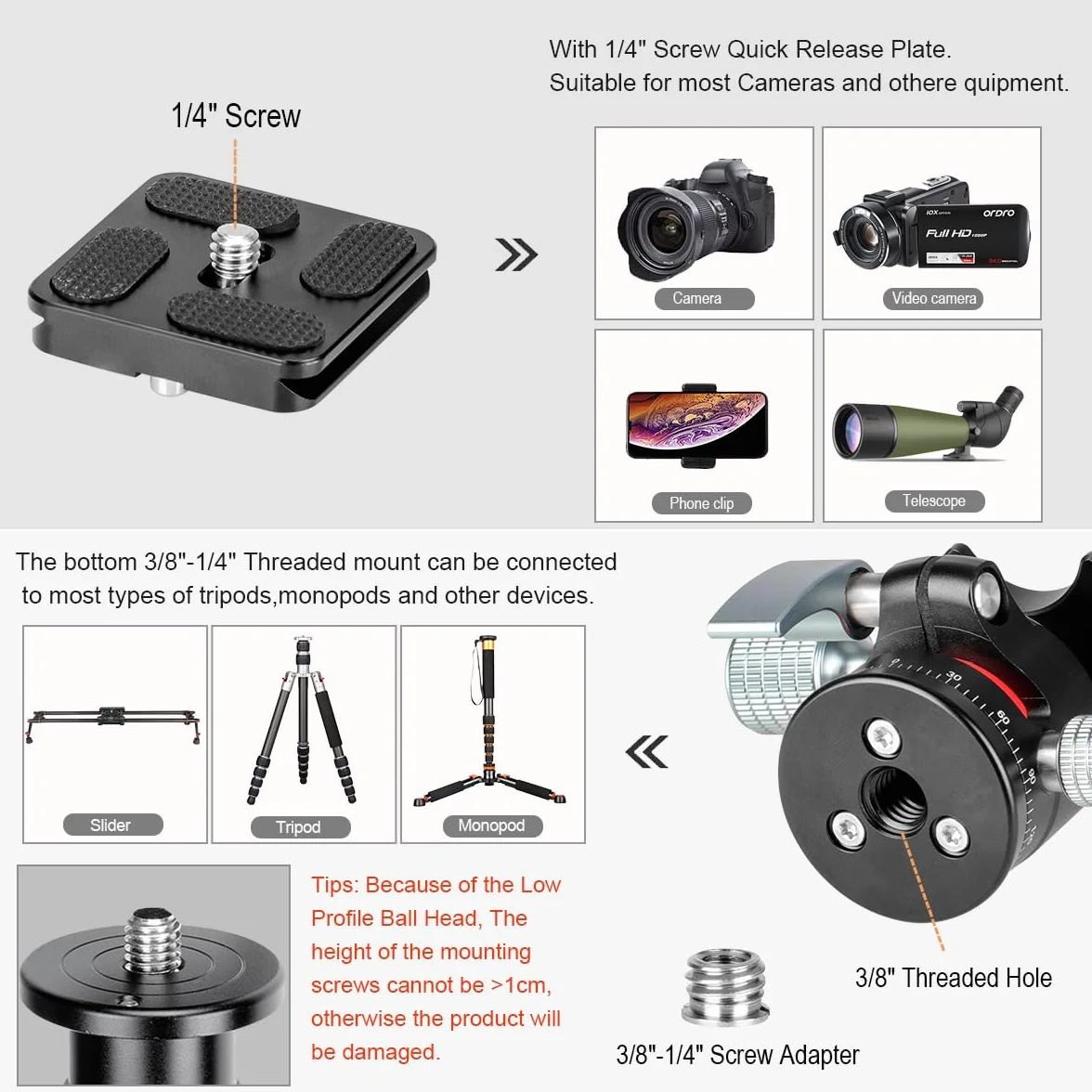 koolehaoda Niskoprofilowa mini głowica kulowa 360° Panoramiczna 1/4" Arca-Type QR Plate Metalowy do lustrzanki cyfrowej 170g 8kg