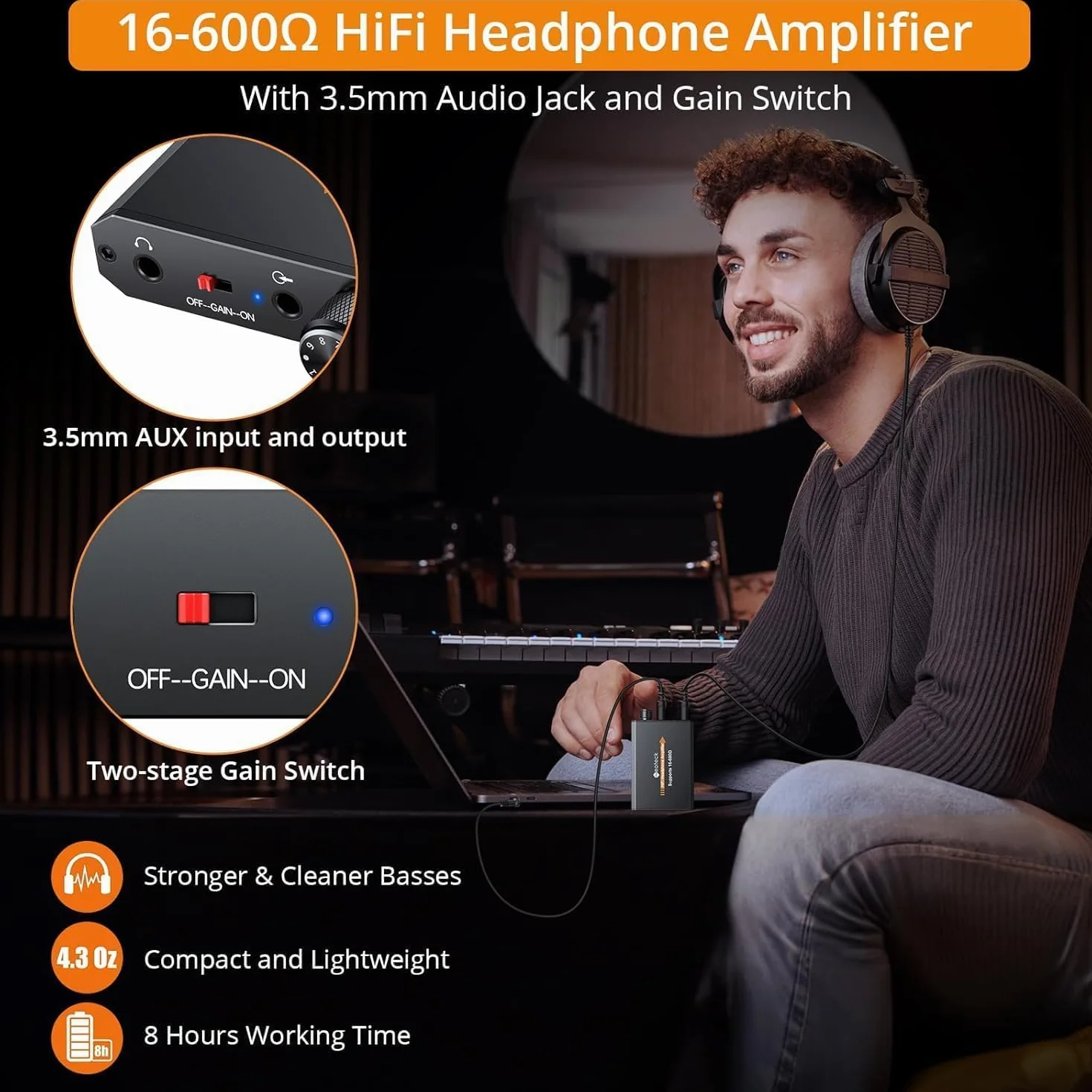 Neoteck Wzmacniacz słuchawkowy 3,5 mm z dwustopniowym włącznikiem wzmacniającym, przenośny wzmacniacz zestawu słuchawkowego HiFi, aluminiowa matowa powierzchnia