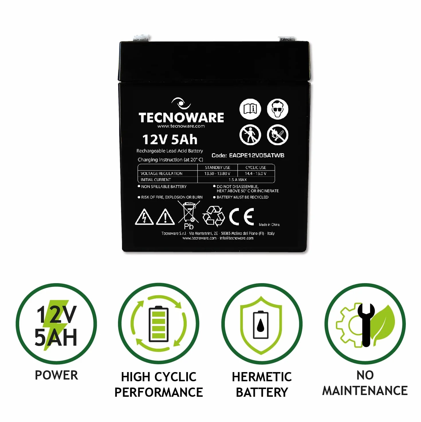 Tecnoware Hermetyczna bateria ołowiowa 12V 5Ah do UPS i systemów alarmowych Faston 6,3 mm