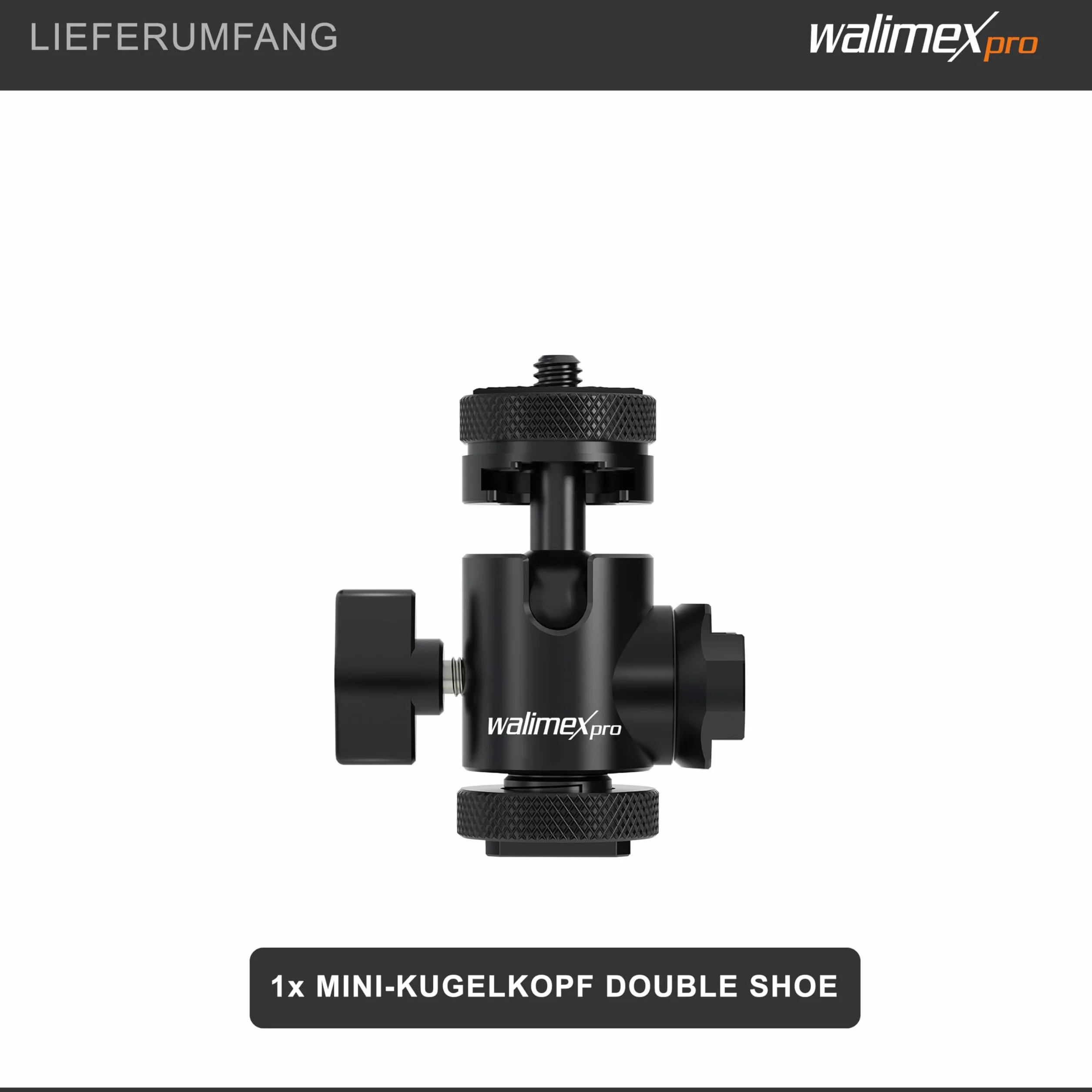 Głowica kulowa Walimex Pro Multi Mini z 2-krotną gorącą stopką i złączem 1/4 cala Możliwość obracania o 180° w obie strony do kamer, statywów, mikrofonów, diod LED Aluminiowa głowica statywowa