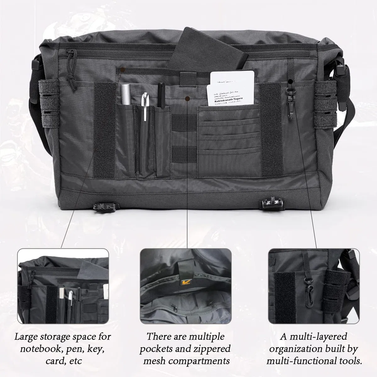 VEAGIA Torby kurierskie Torba na laptopa Teczka system Molle Styl taktyczny Odpinany pasek na ramię Torby na ramię (43x30x13cm), Czarny, 16.5x11x4.5in