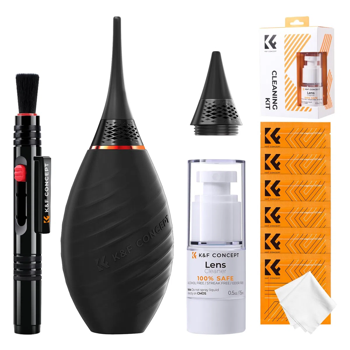 K&F CONCEPT Zestaw do czyszczenia aparatu 10 w 1 zestaw do czyszczenia obiektywów lustrzanek cyfrowych filtr telefonu komórkowego z 6 ściereczkami do czyszczenia, miechami elektrycznymi | Dmuchawa (krótkie i długie końcówki) + profesjonalny płyn + 6 ścier
