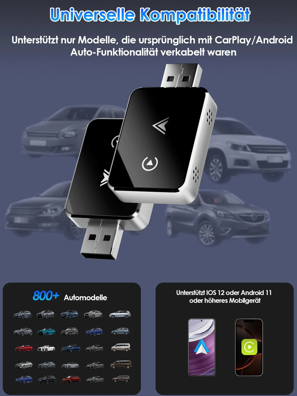 Adapter bezprzewodowy 2 w 1 do CarPlay/Android Auto, PARPAT konwersja z przewodowego na bezprzewodowy z USB/Type-C, stabilne połączenie i brak opóźnień, kompatybilny z iPhone/Android