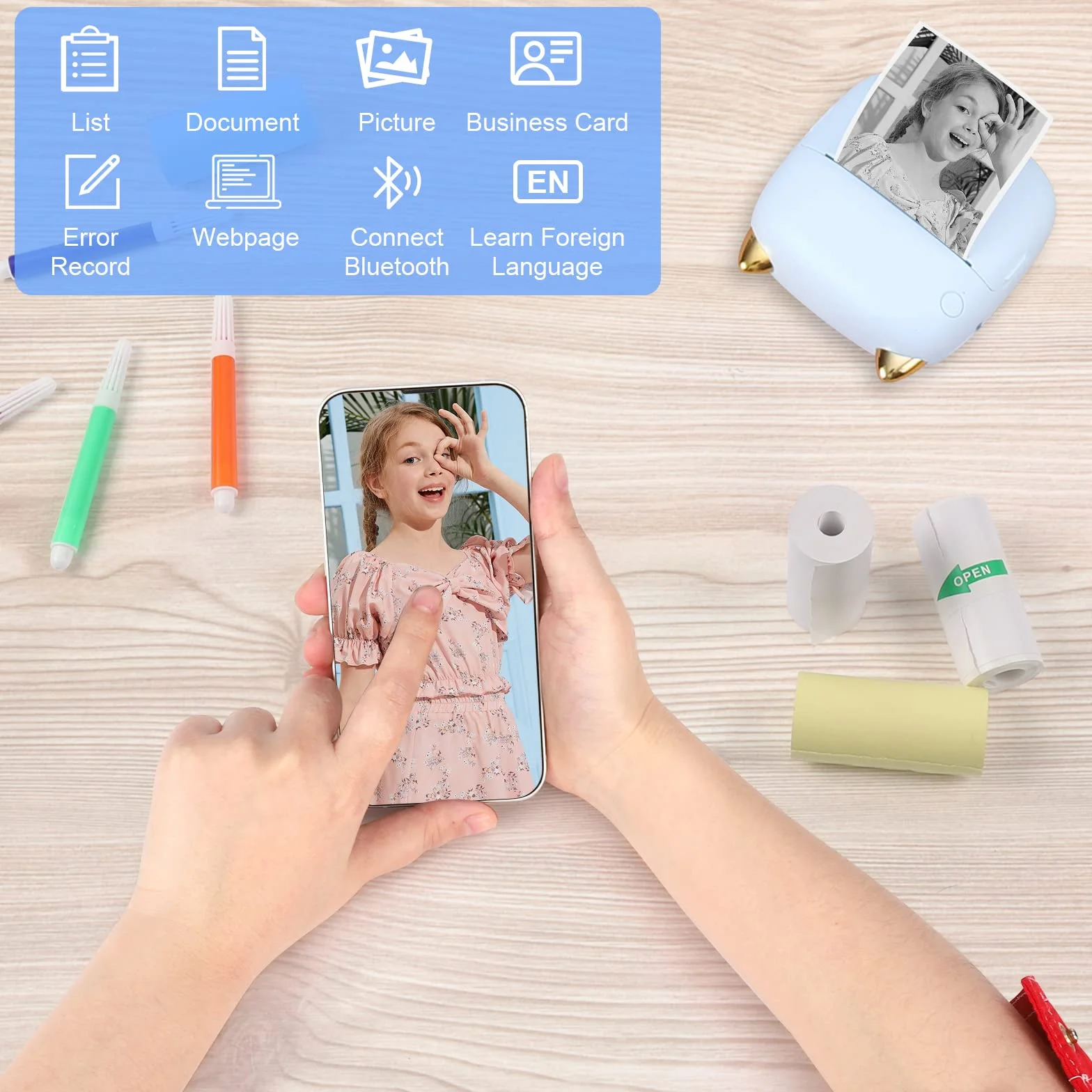 GuKKK Mini drukarka, mobilna drukarka fotograficzna, przenośna, mini drukarka fotograficzna z siedmioma kolorami LED, bezprzewodowa drukarka fotograficzna, drukarka termiczna do smartfonów, drukarka