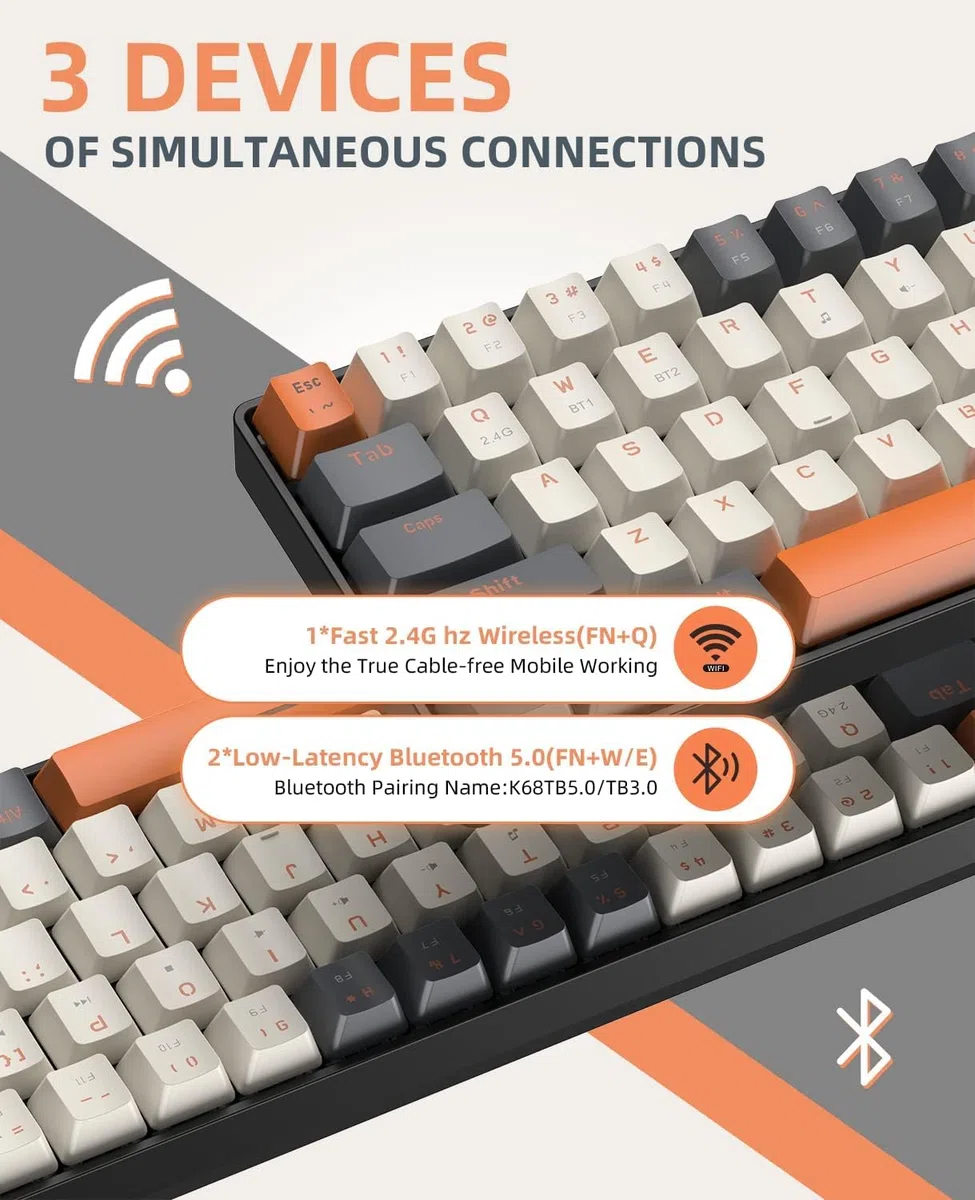 K68 60% Bezprzewodowa Mechaniczna Klawiatura do Gier,Bluetooth 5.0/2.4Ghz 68 Klawiszy Kompaktowa Klawiatura z Odbiornikiem w Dwóch Trybach,Hot Swap,Czerwone przełączniki,na PC,PS4(Zmierzch)