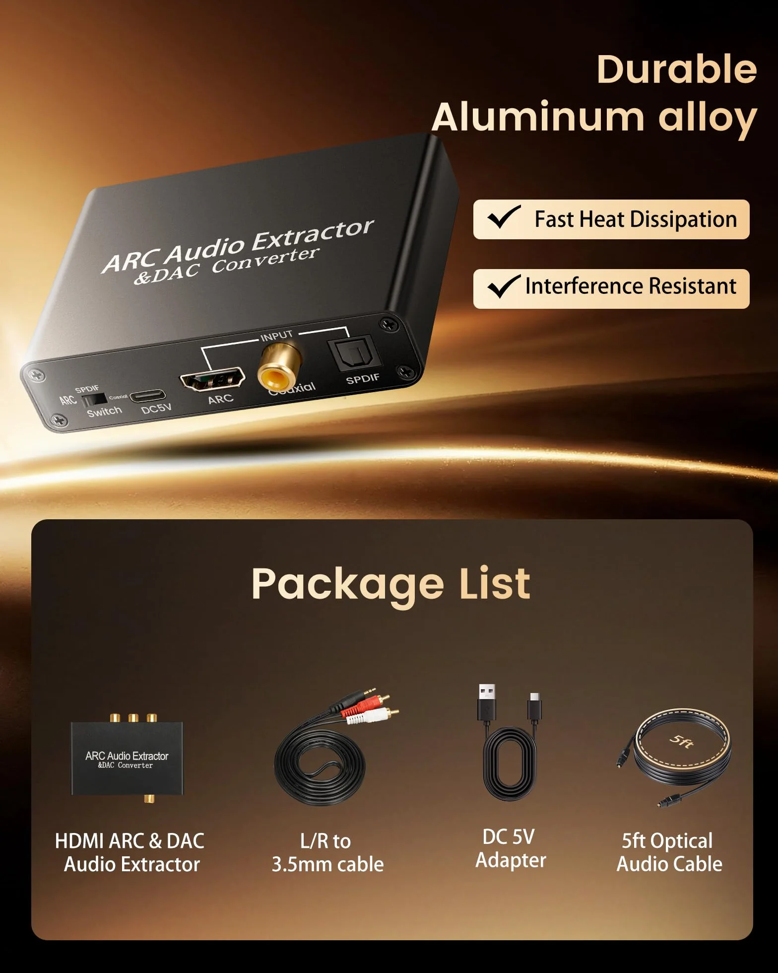 HDMI ARC Audio Extractor DAC konwerter audio, 192 kHz konwerter cyfrowy na analogowy z CEC, HDMI ARC/Optical/Coaxial Input, SPDIF/Optical/RCA/3,5 mm Stereo Output