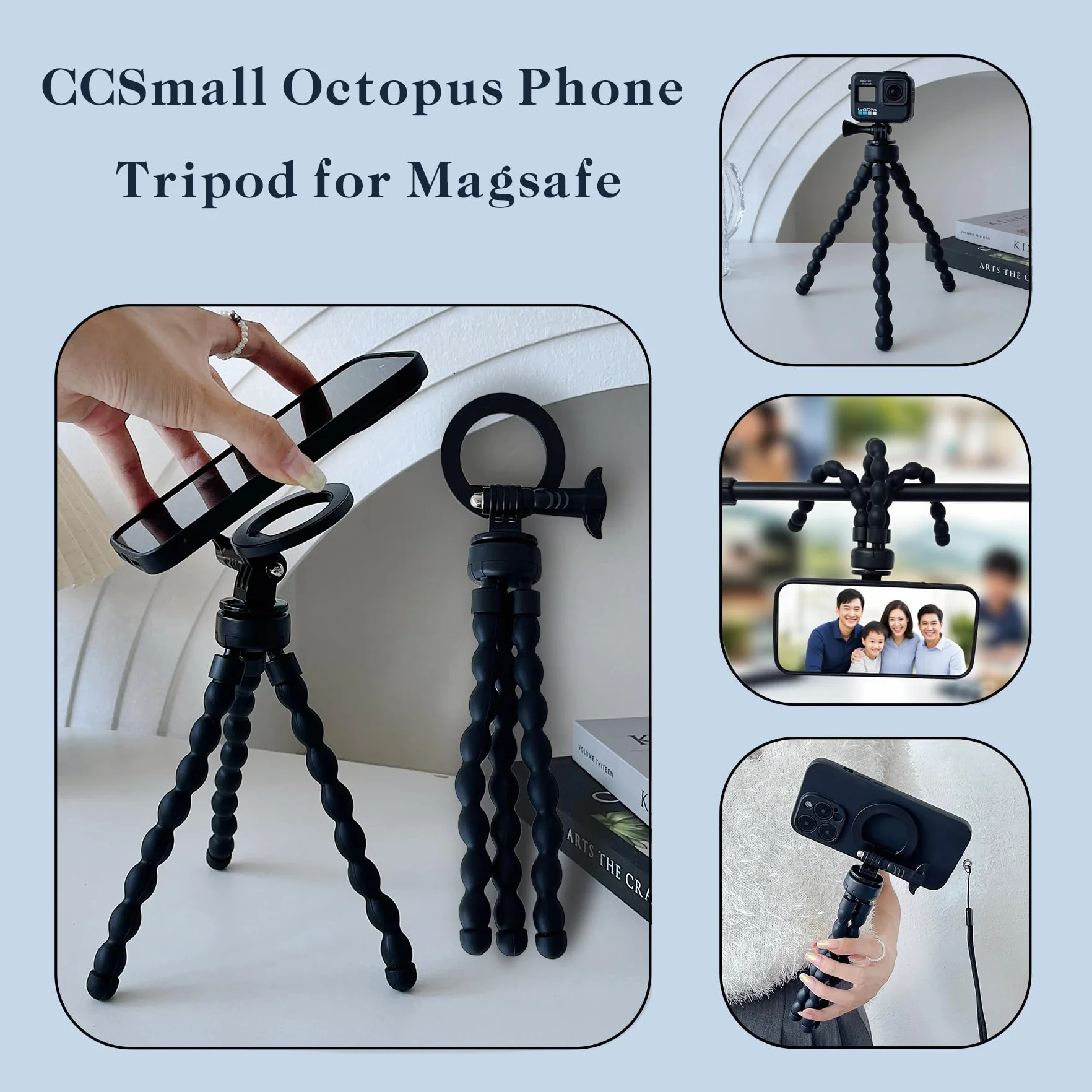 Ysnzaq Octopus statyw do telefonu komórkowego, magnetyczny, elastyczny uchwyt na telefon komórkowy Tripod do smartfona i aparatu, 360° mini uchwyt na statyw z adapterem Go Pro, do iPhone, Galaxy