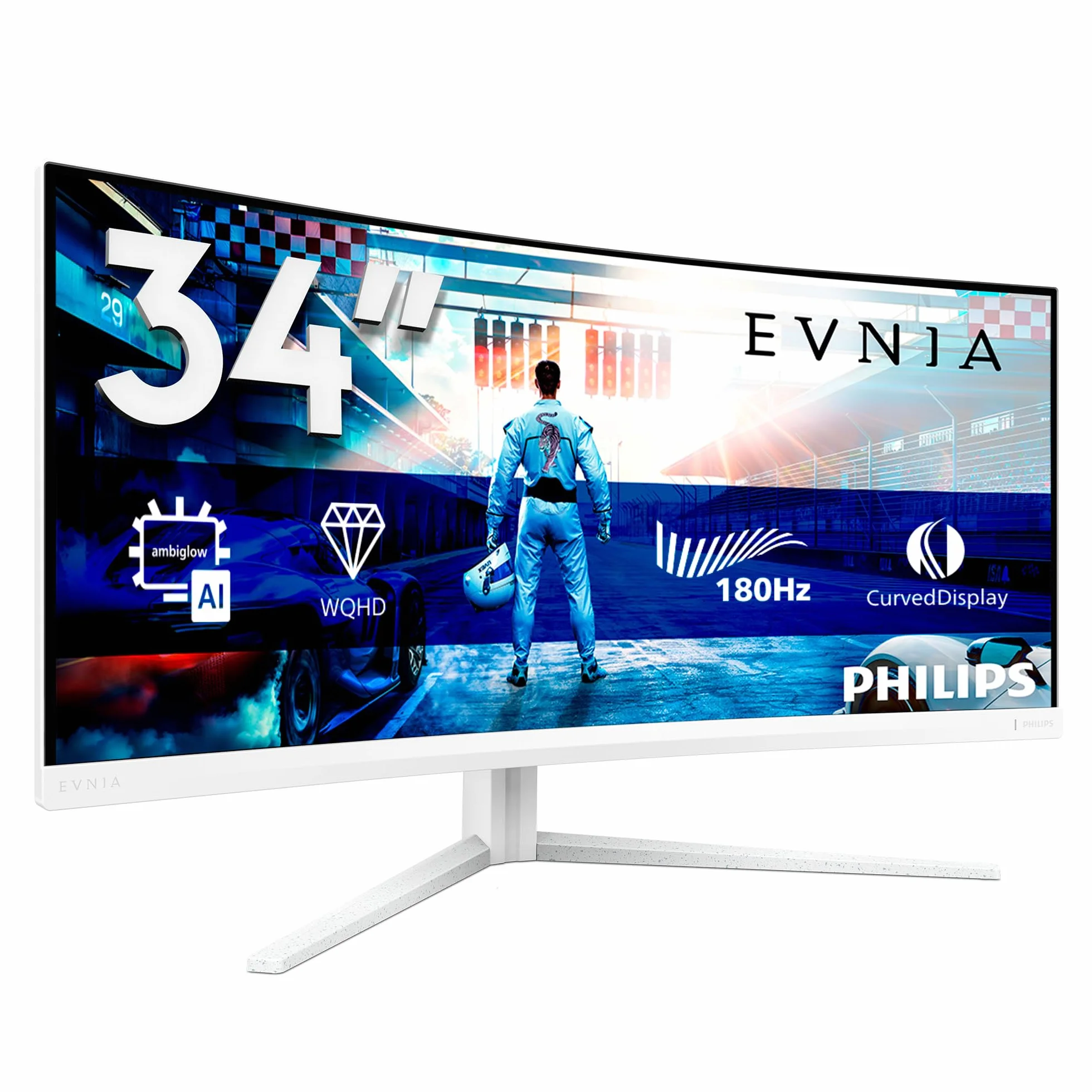 Philips Evnia 34M2C5501A - 34" WQHD zakrzywiony monitor do gier, 180 Hz, 1 ms, FreeSync Premium, Ambiglow (3440 x 1440, 2 x HDMI 2.0, 1 x DisplayPort 1.4, koncentrator USB), biały