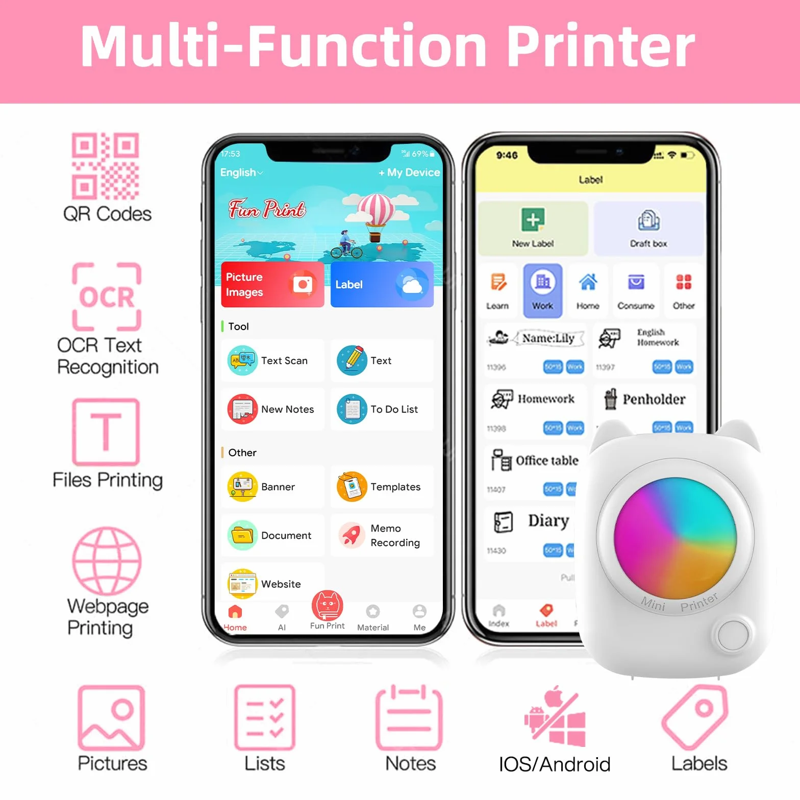 Mini Przenośna Drukarka Fotograficzna, Bezprzewodowa Natychmiastowa Drukarka Termiczna Bluetooth z 14 Rolkami Papieru, Inteligentna Drukarka Bluetooth dla iOS i Androida do Etykiet, Zdjęć