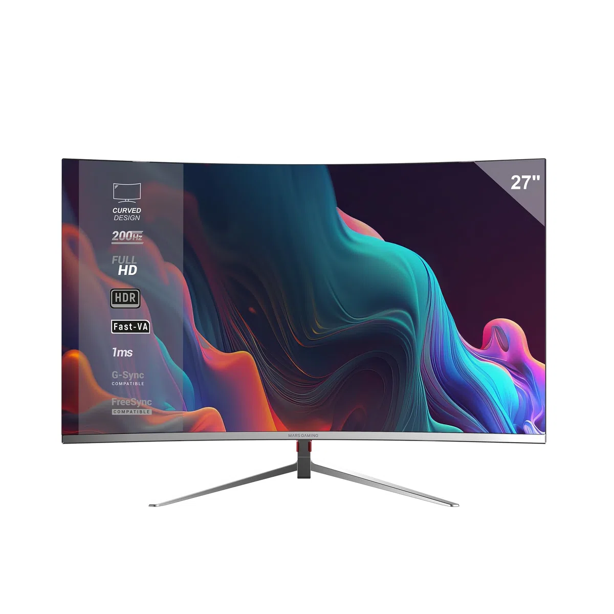 Mars Gaming MV-27C, Zakrzywiony Monitor Gamingowy 27” FHD 1080p 200Hz, HDR10 1ms, FreeSync i G-Sync, Bezramkowy Monitor PC, Low Blue Light i Flicker-Free, HDMI + DisplayPort + Jack 3.5mm, Biały